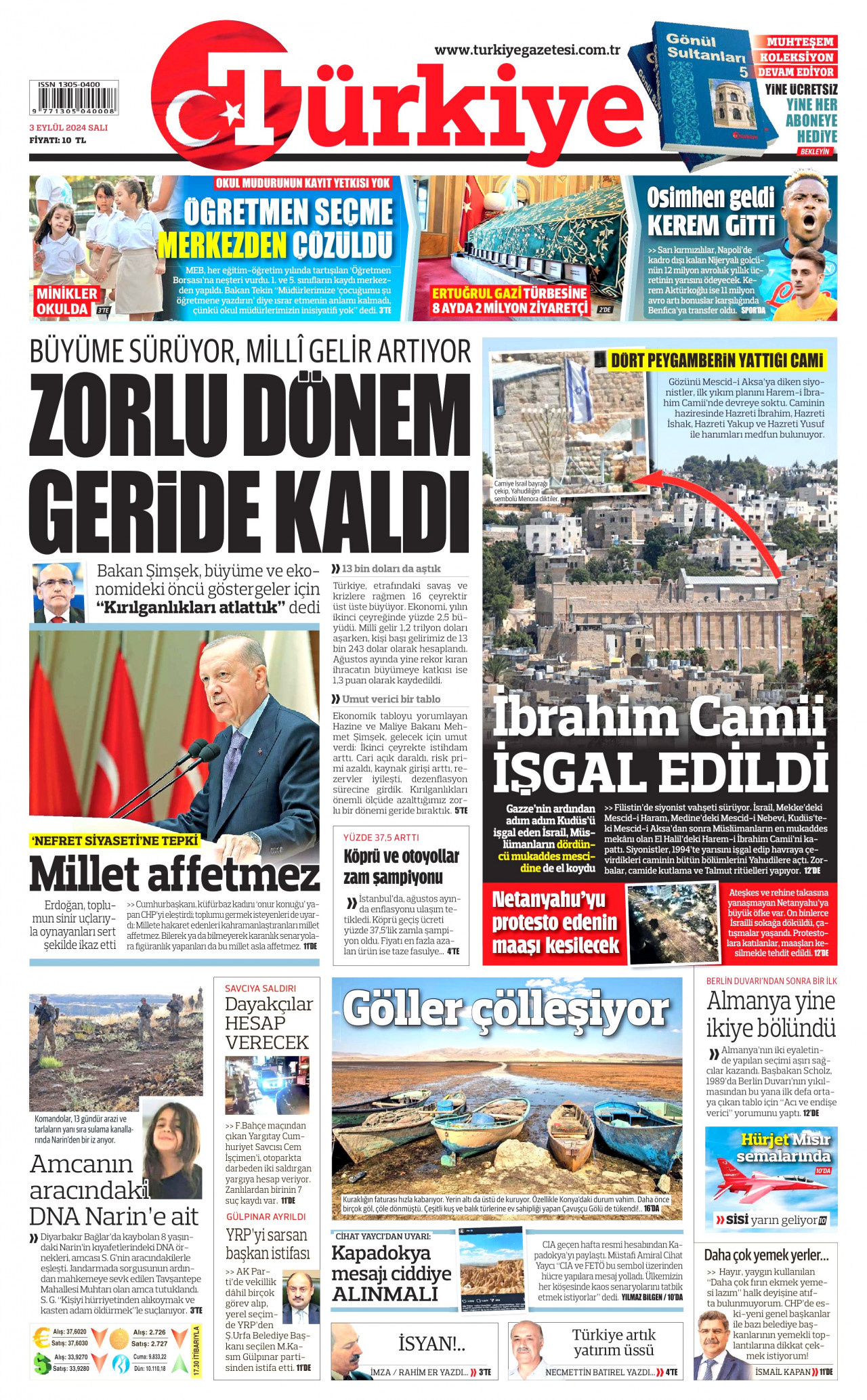 TÜRKİYE GAZETESİ gazetesinin 3 Eylül 2024 tarihli birinci sayfası