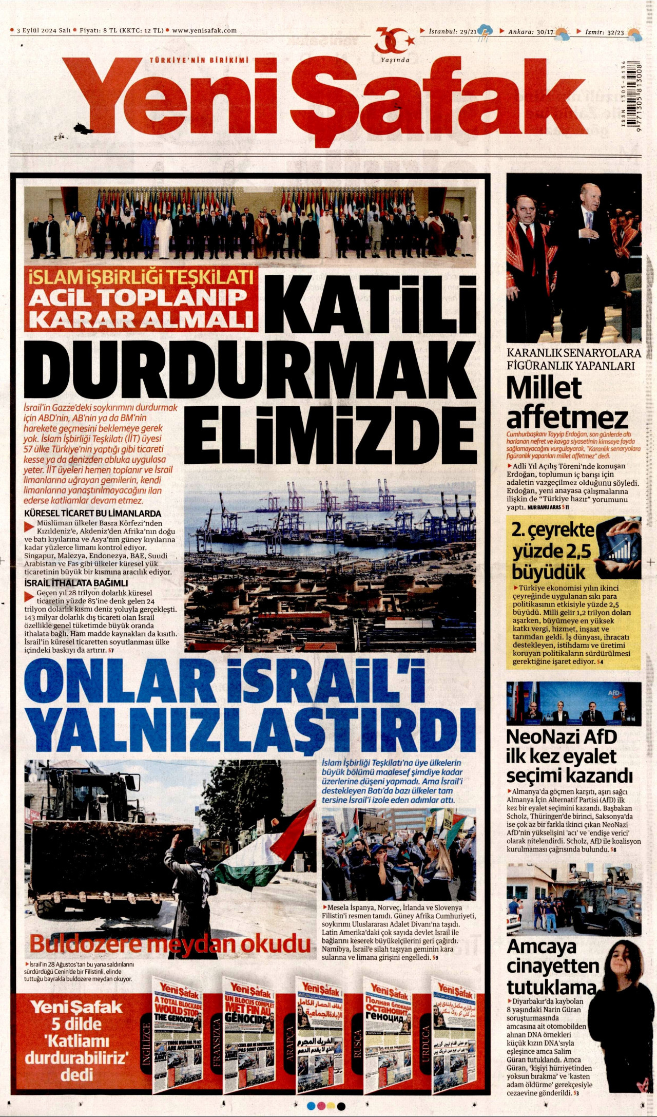 YENİ ŞAFAK gazetesinin 3 Eylül 2024 tarihli birinci sayfası
