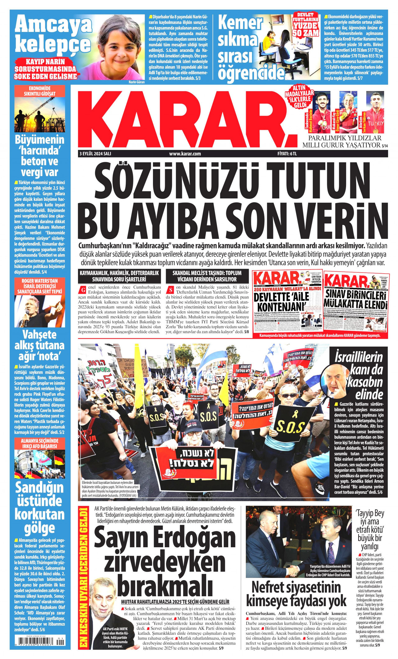 KARAR gazetesinin 3 Eylül 2024 tarihli birinci sayfası