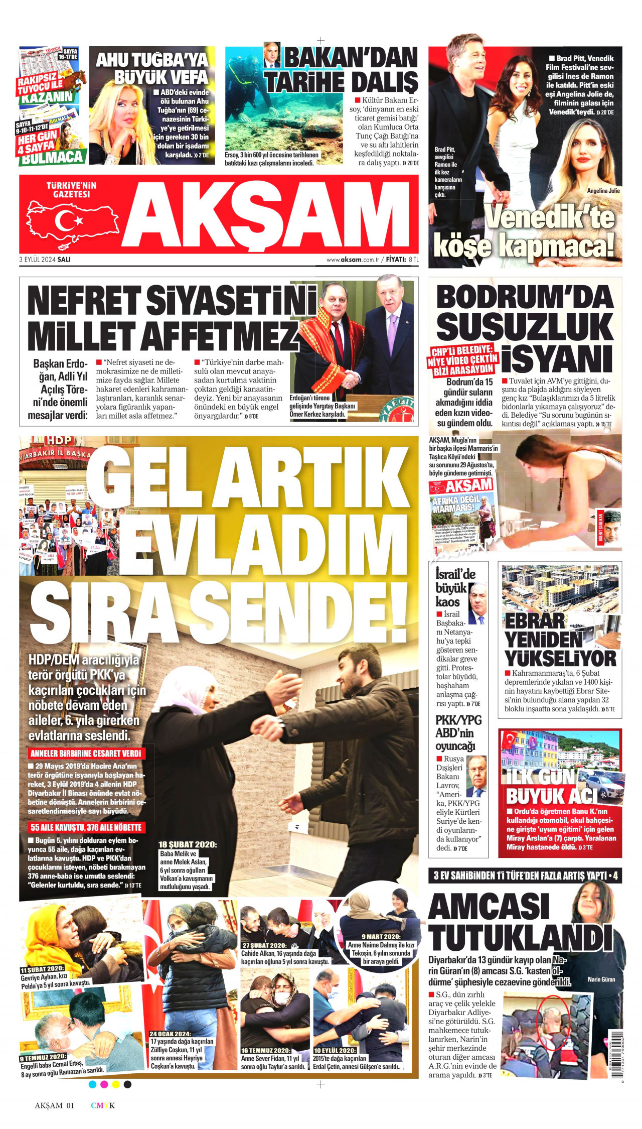 AKŞAM gazetesinin 3 Eylül 2024 tarihli birinci sayfası