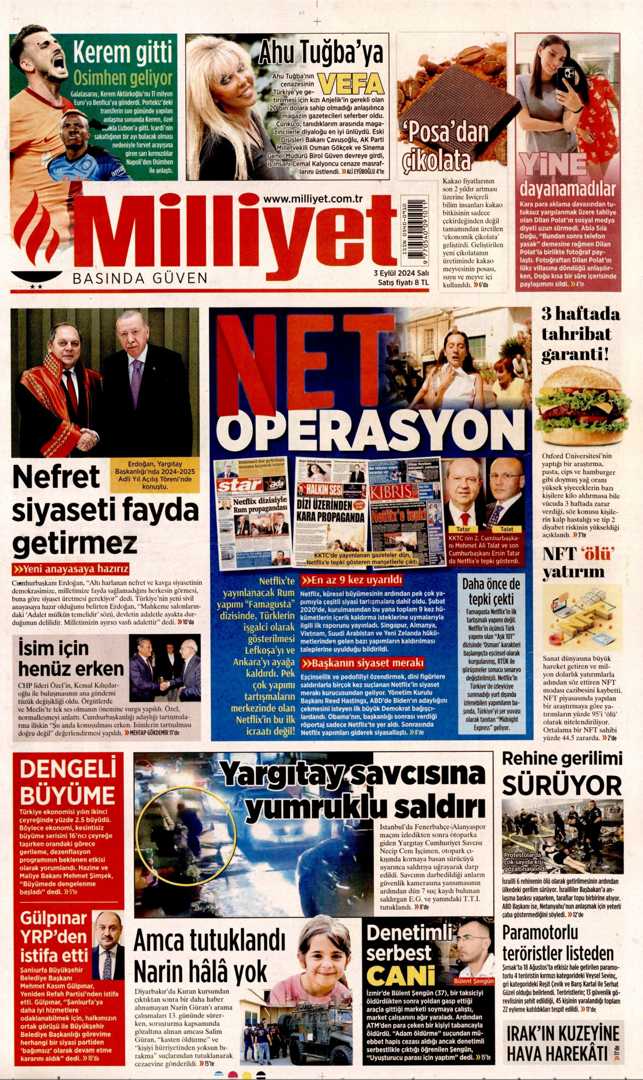 MİLLİYET gazetesinin 3 Eylül 2024 tarihli birinci sayfası