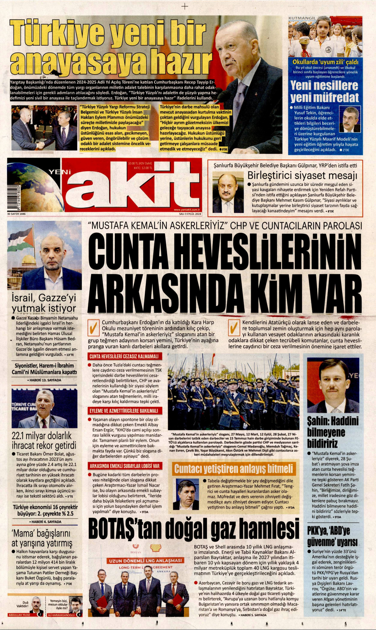 YENİ AKİT gazetesinin 3 Eylül 2024 tarihli birinci sayfası