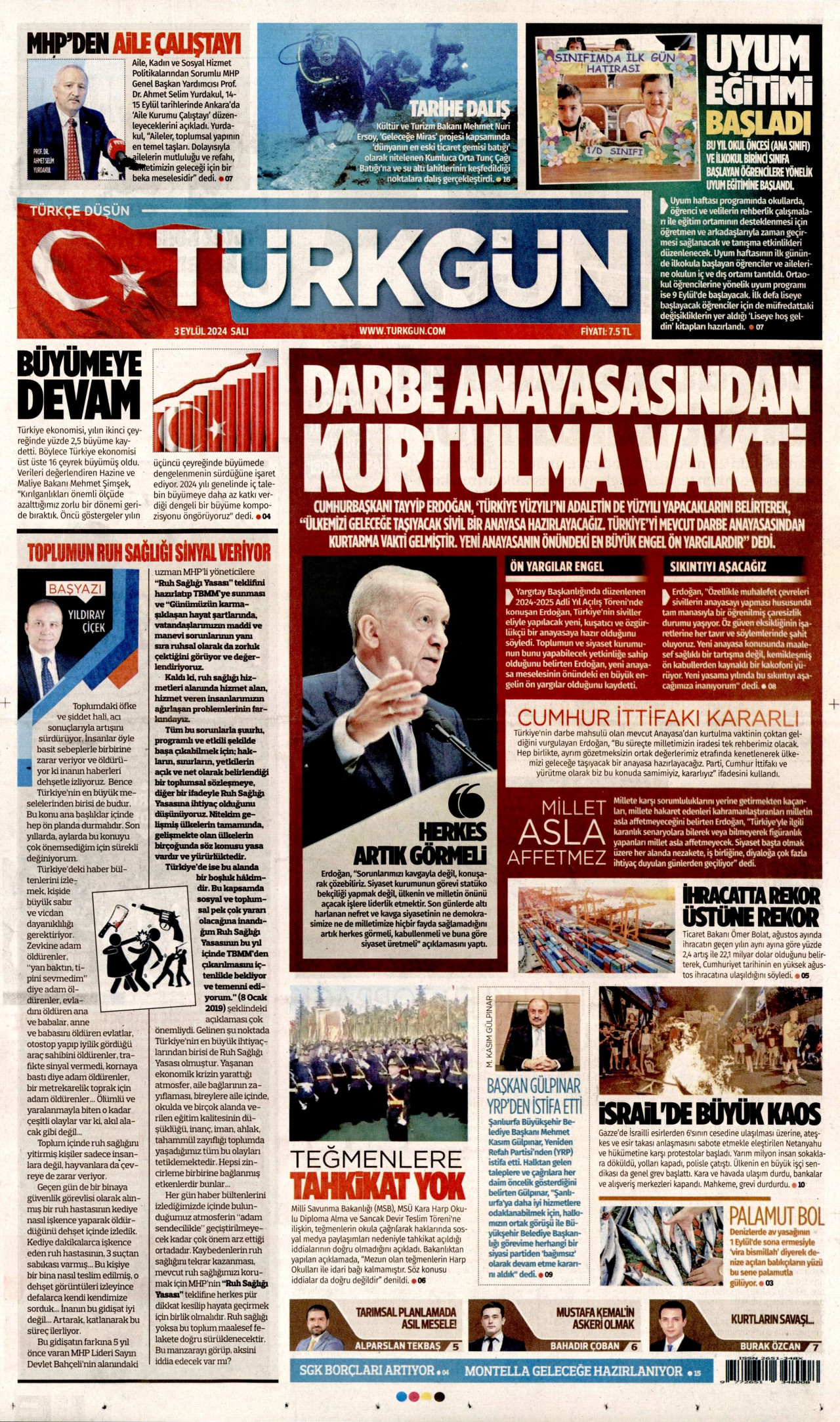 TÜRKGÜN gazetesinin 3 Eylül 2024 tarihli birinci sayfası
