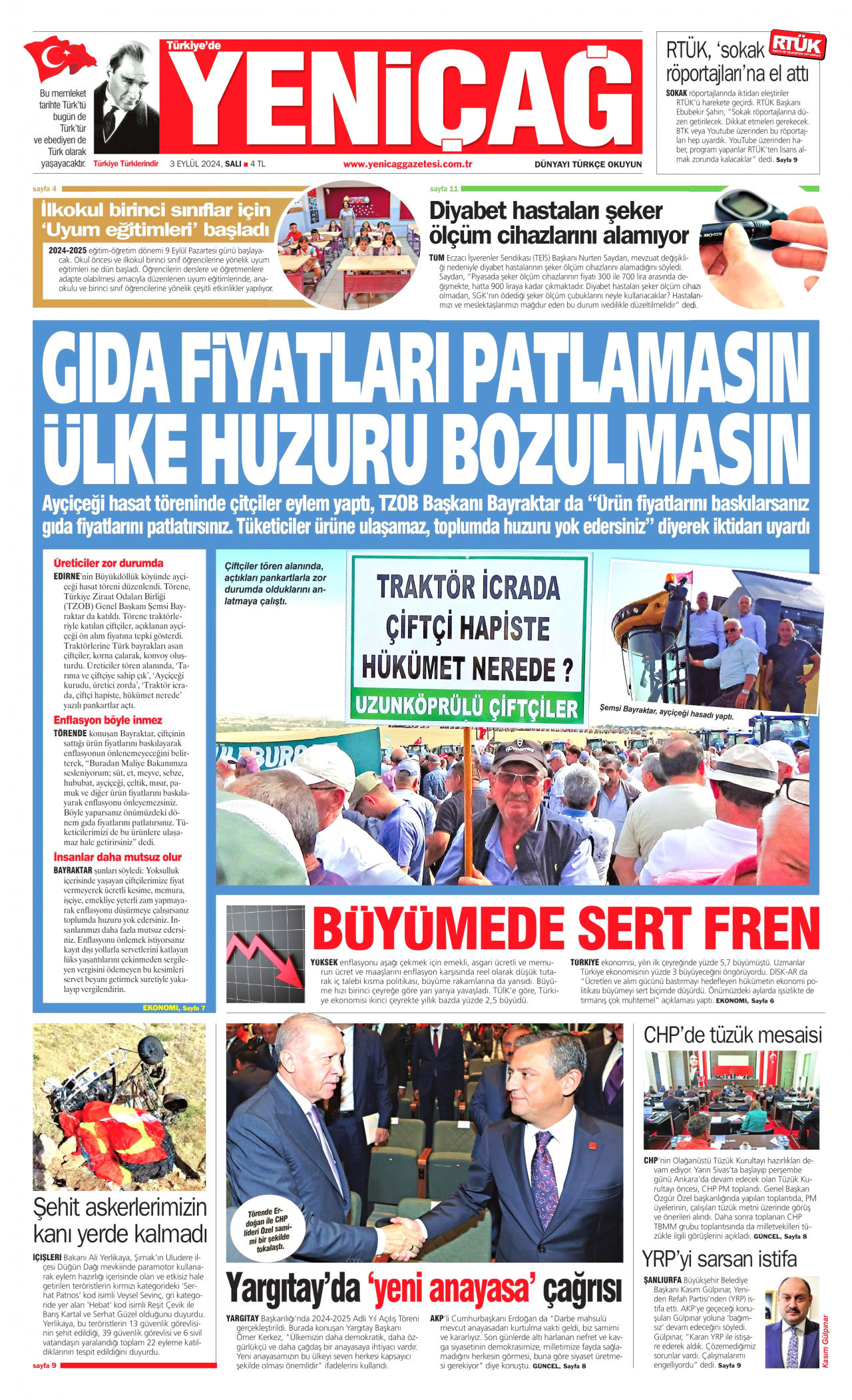 YENİÇAĞ gazetesinin 3 Eylül 2024 tarihli birinci sayfası