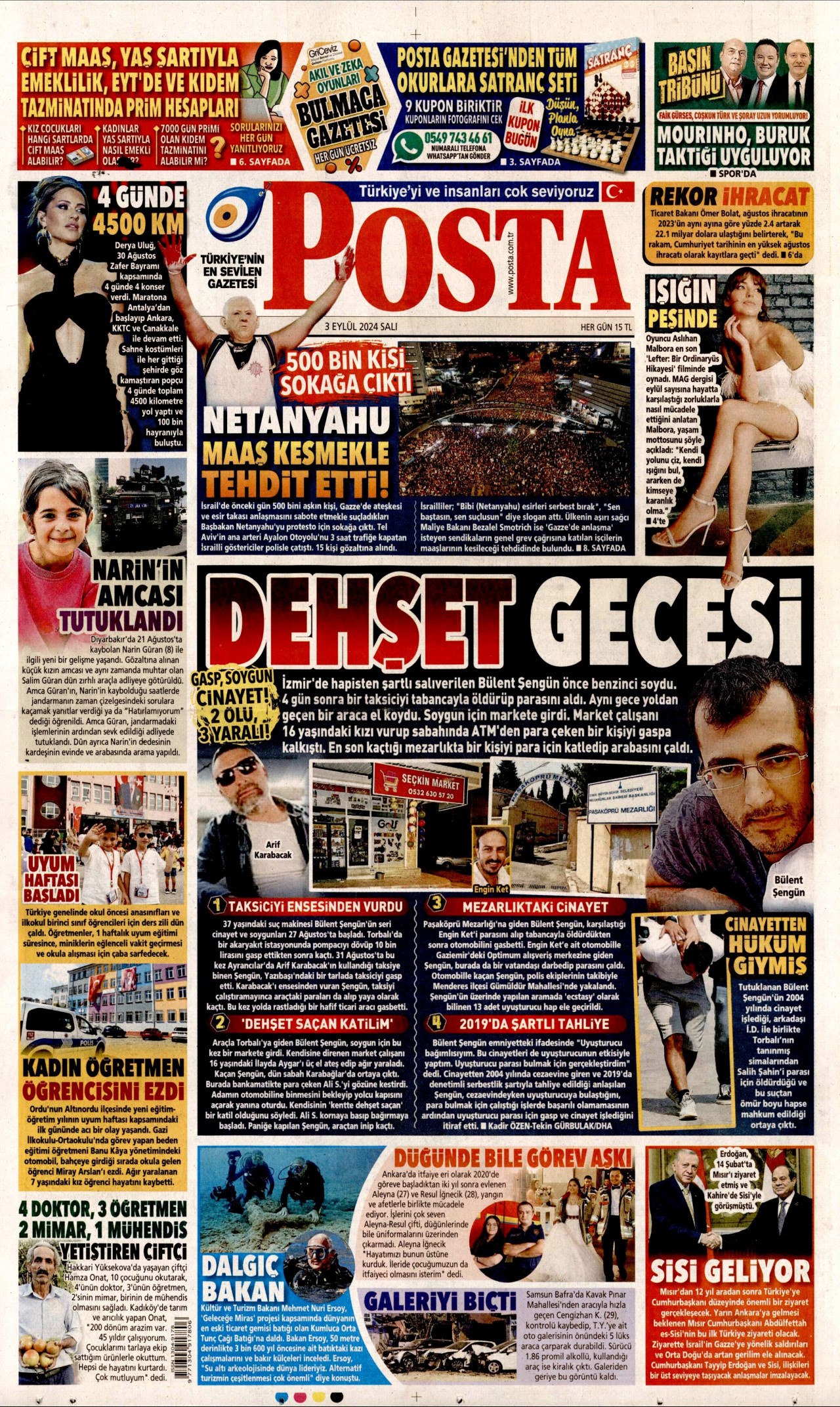 POSTA gazetesinin 3 Eylül 2024 tarihli birinci sayfası