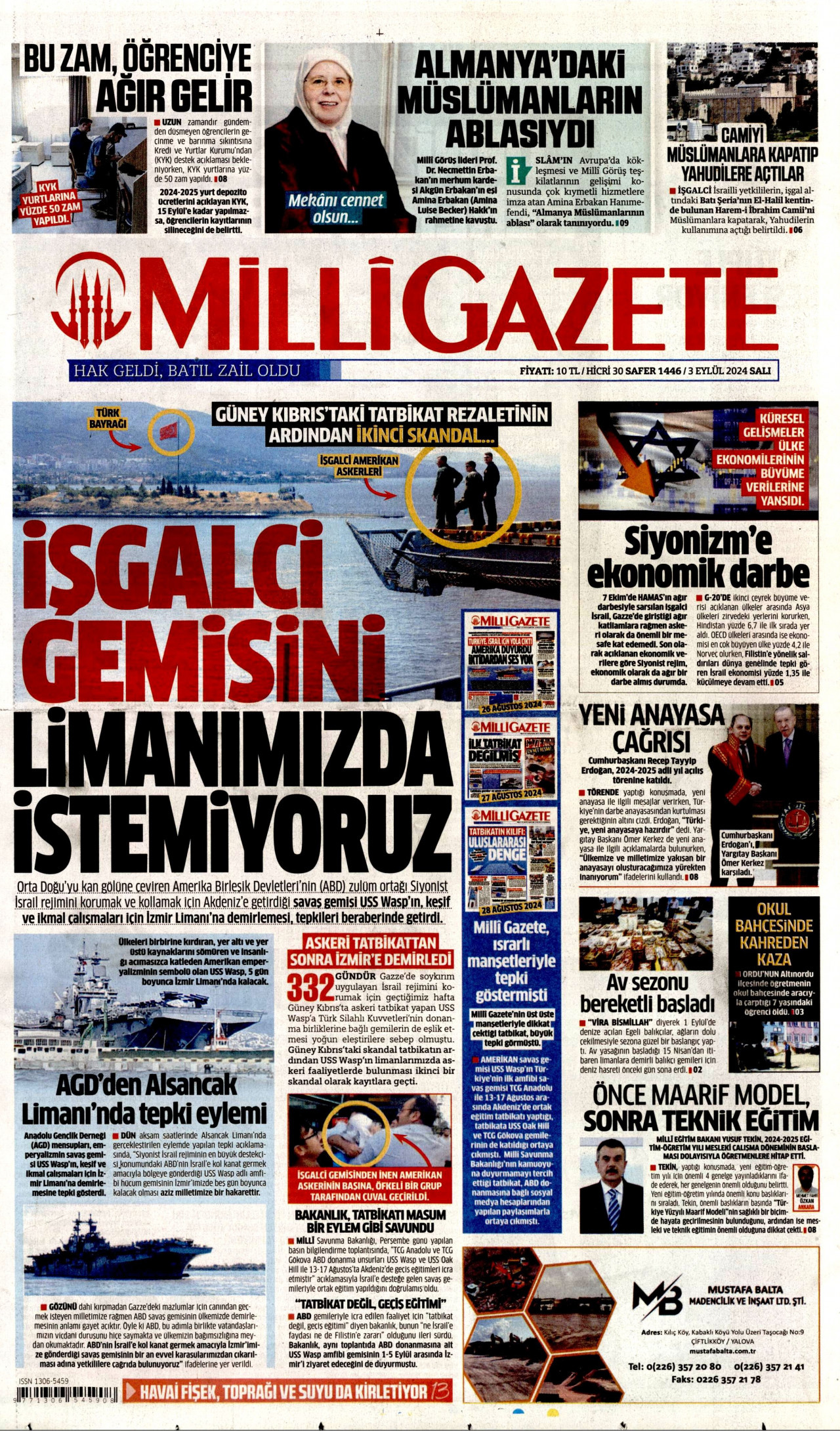 MİLLİ GAZETE gazetesinin 3 Eylül 2024 tarihli birinci sayfası