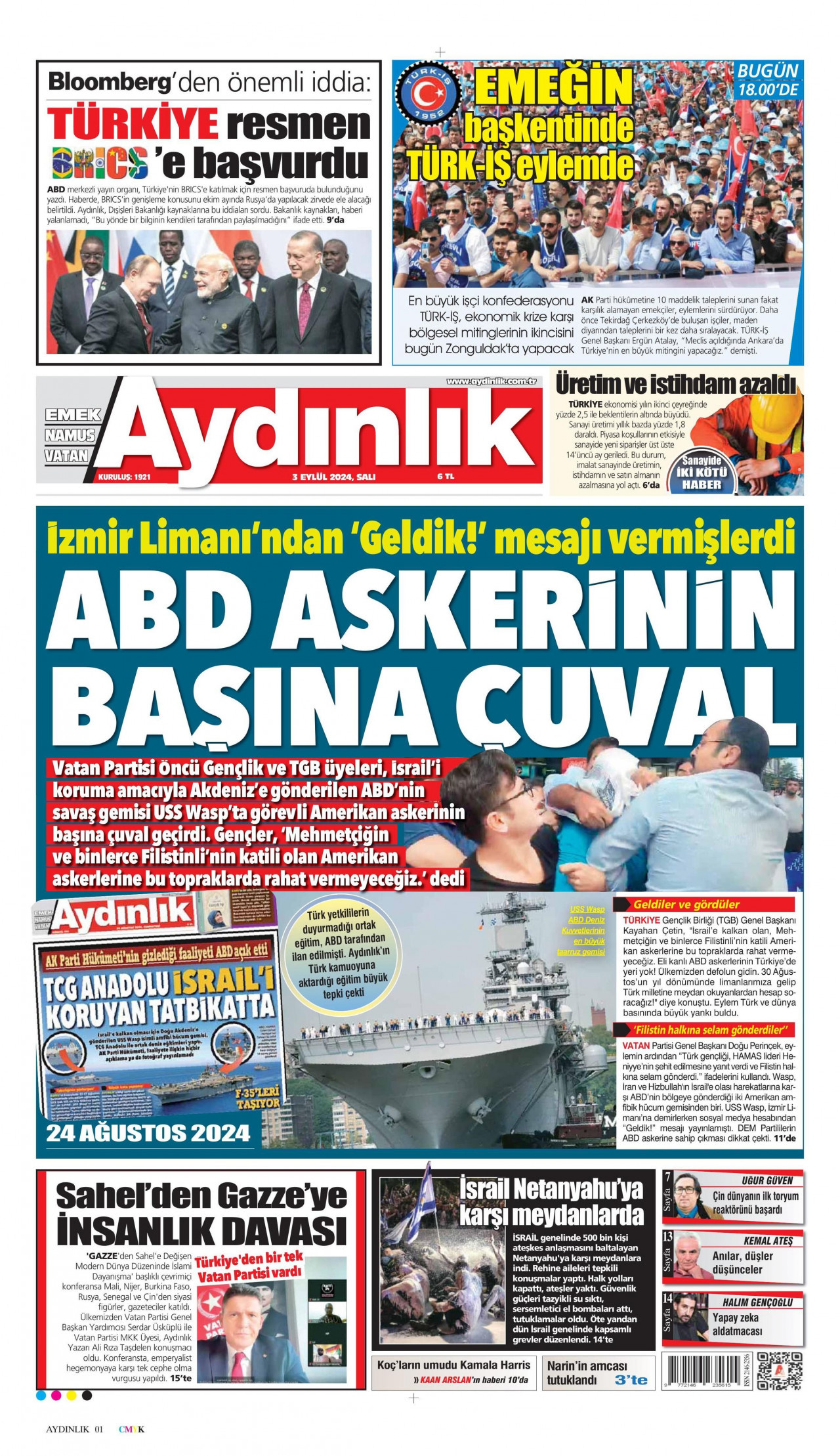 AYDINLIK GAZETESİ gazetesinin 3 Eylül 2024 tarihli birinci sayfası