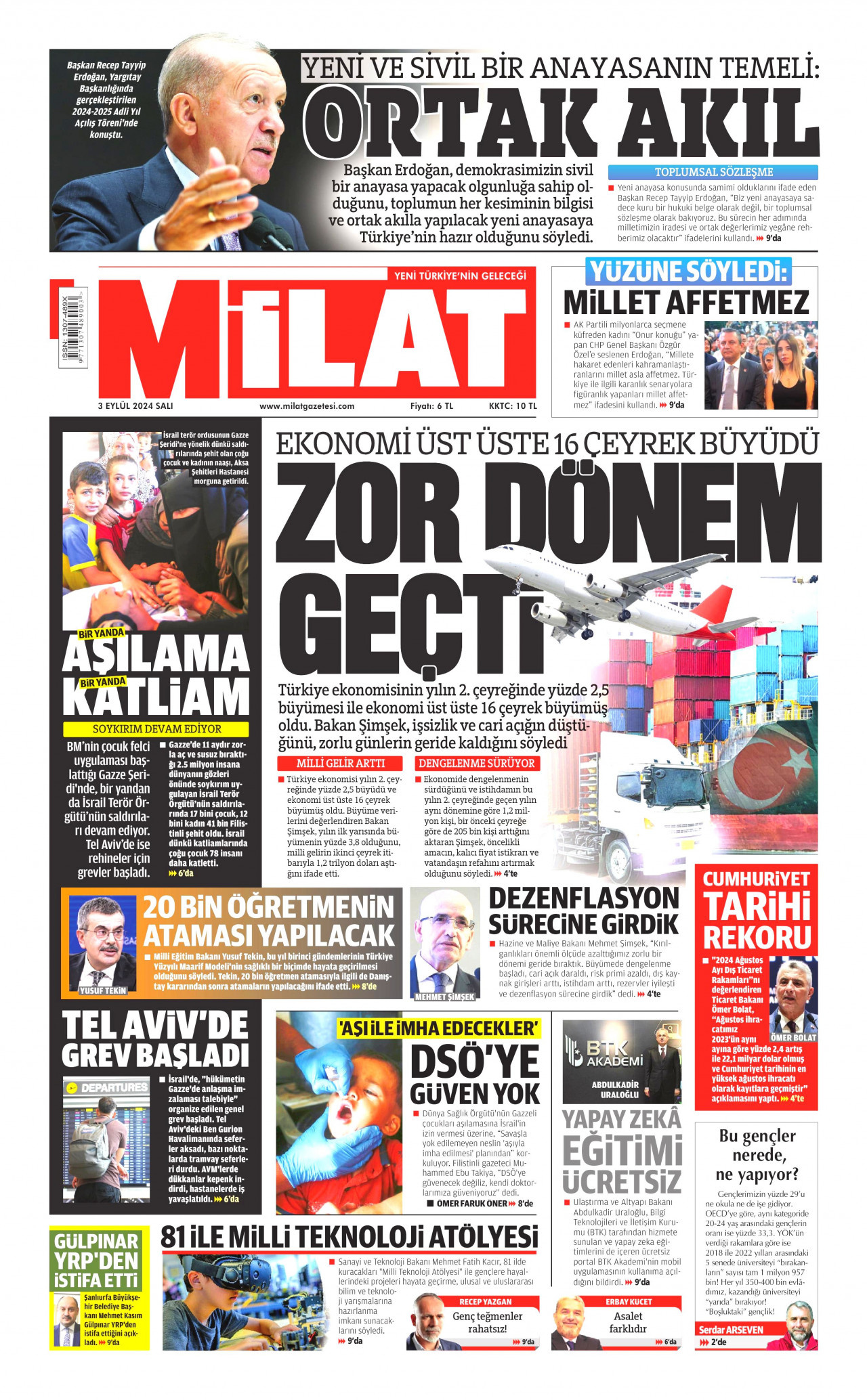 MİLAT gazetesinin 3 Eylül 2024 tarihli birinci sayfası