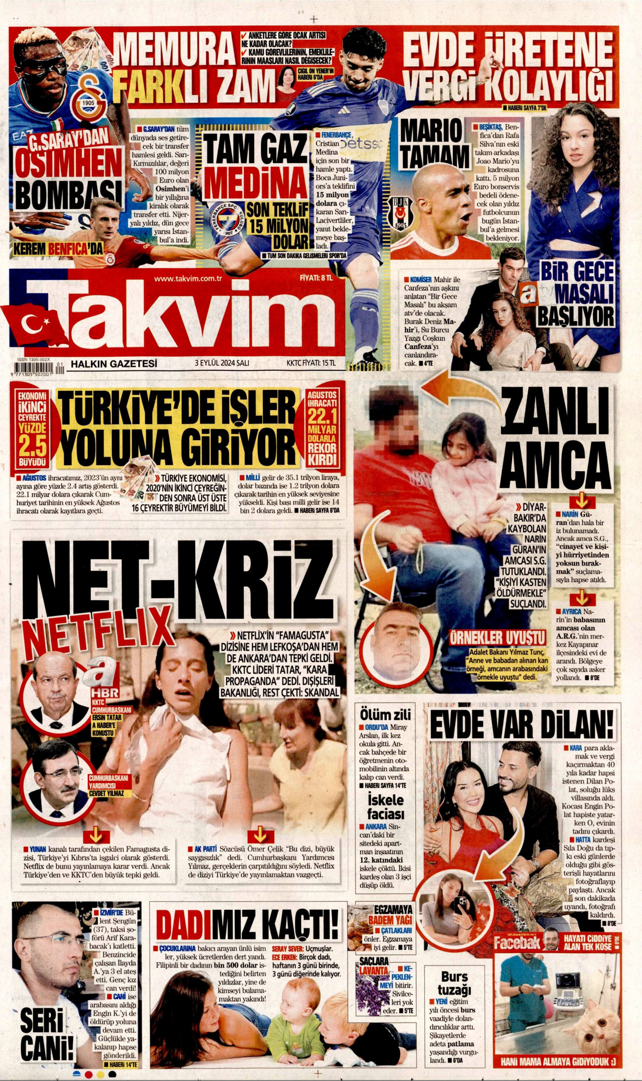TAKVİM gazetesinin 3 Eylül 2024 tarihli birinci sayfası