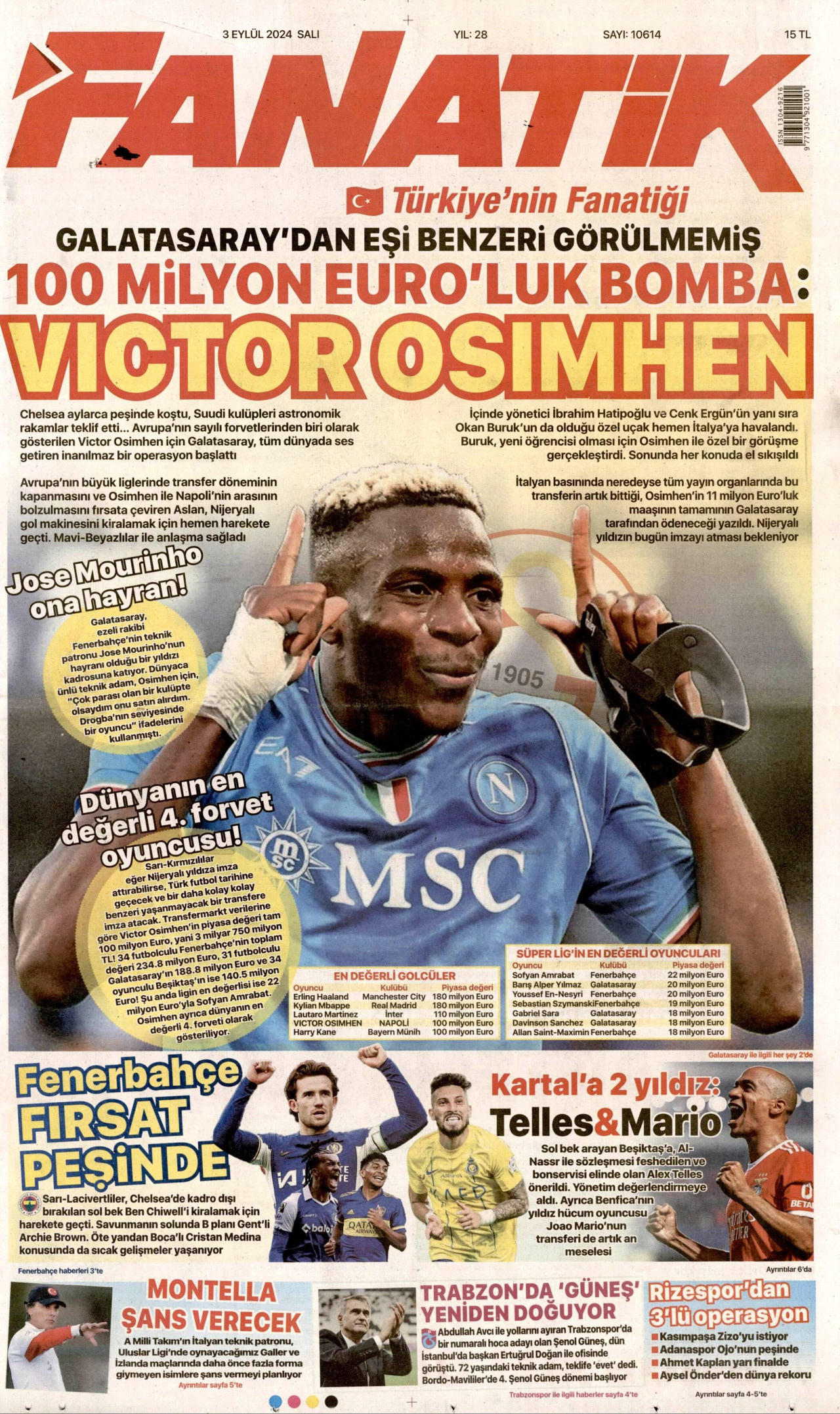 FANATİK gazetesinin 3 Eylül 2024 tarihli birinci sayfası