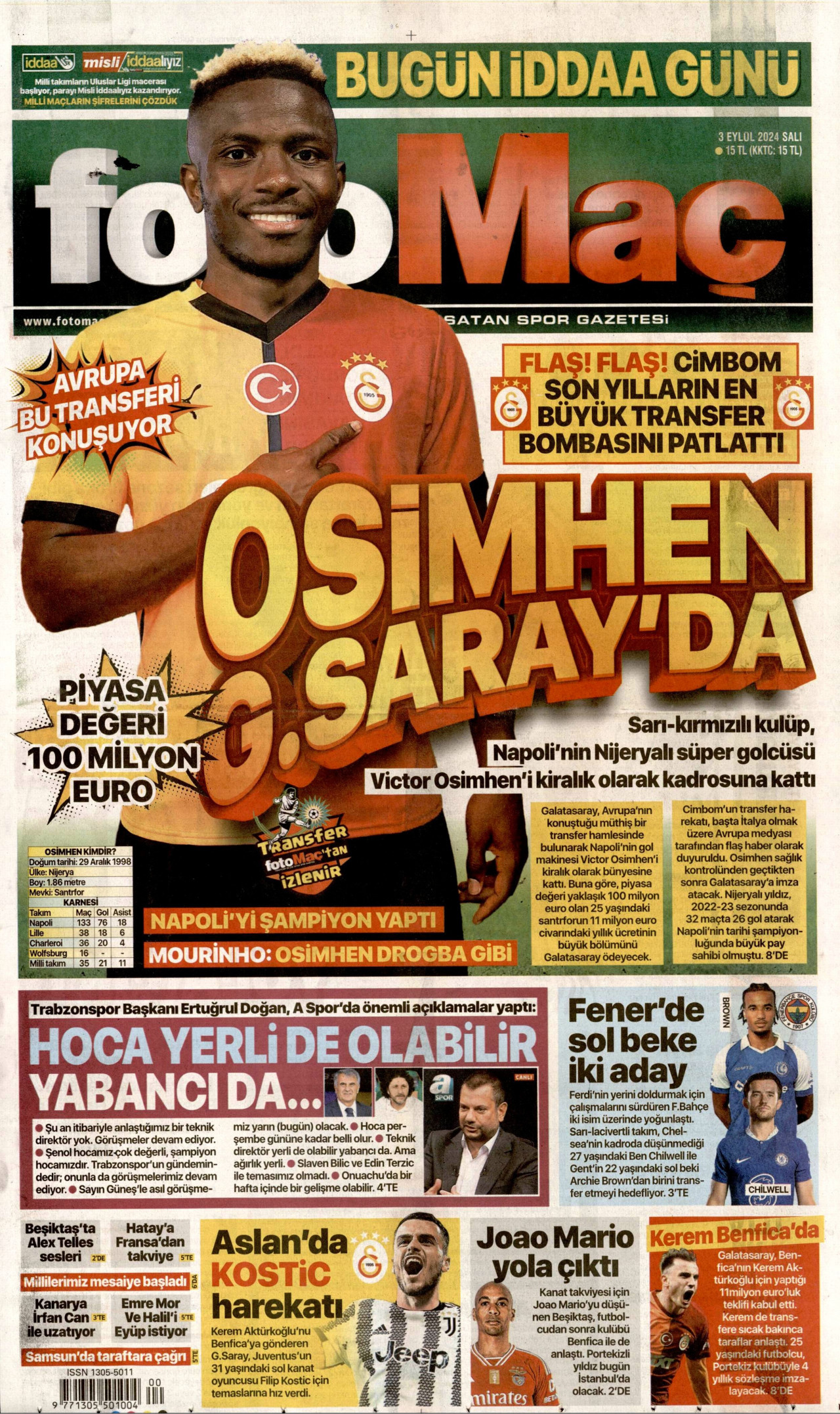 FOTOMAÇ gazetesinin 3 Eylül 2024 tarihli birinci sayfası