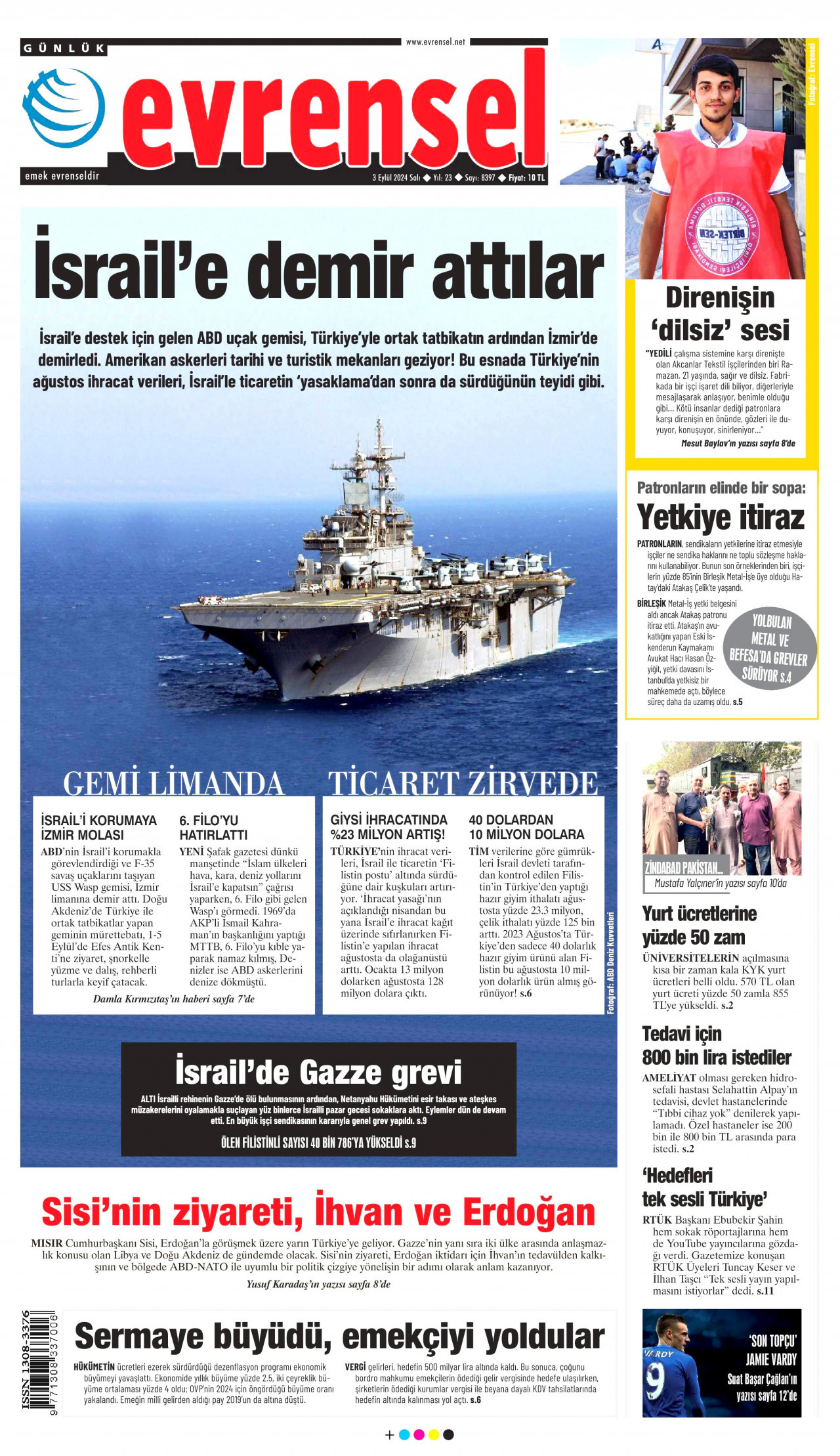 EVRENSEL gazetesinin 3 Eylül 2024 tarihli birinci sayfası