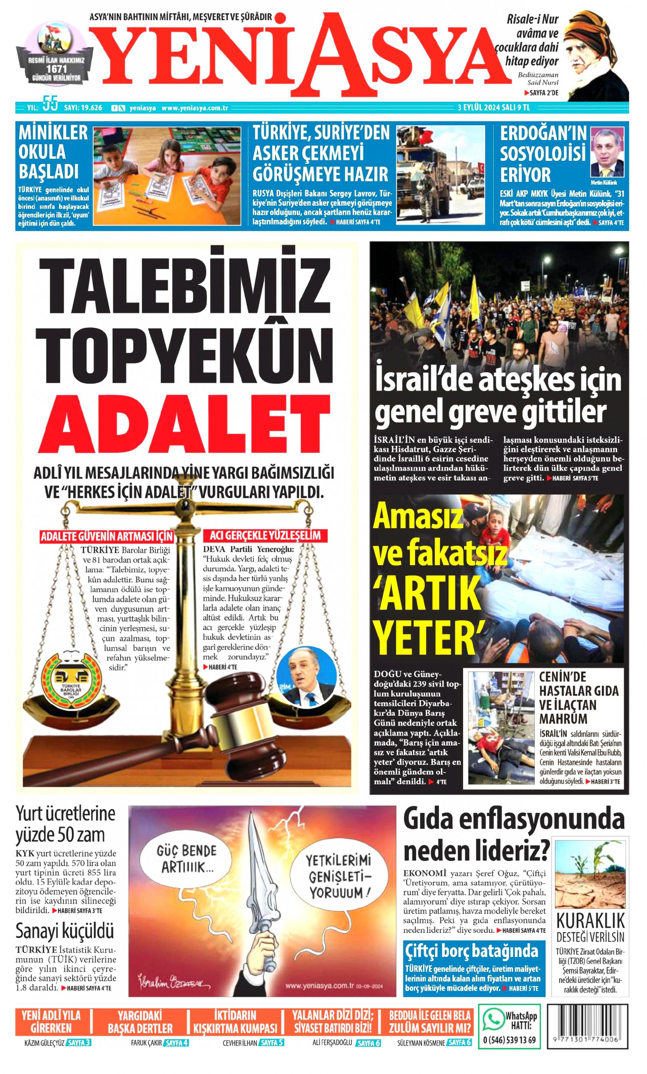 YENİ ASYA gazetesinin 3 Eylül 2024 tarihli birinci sayfası
