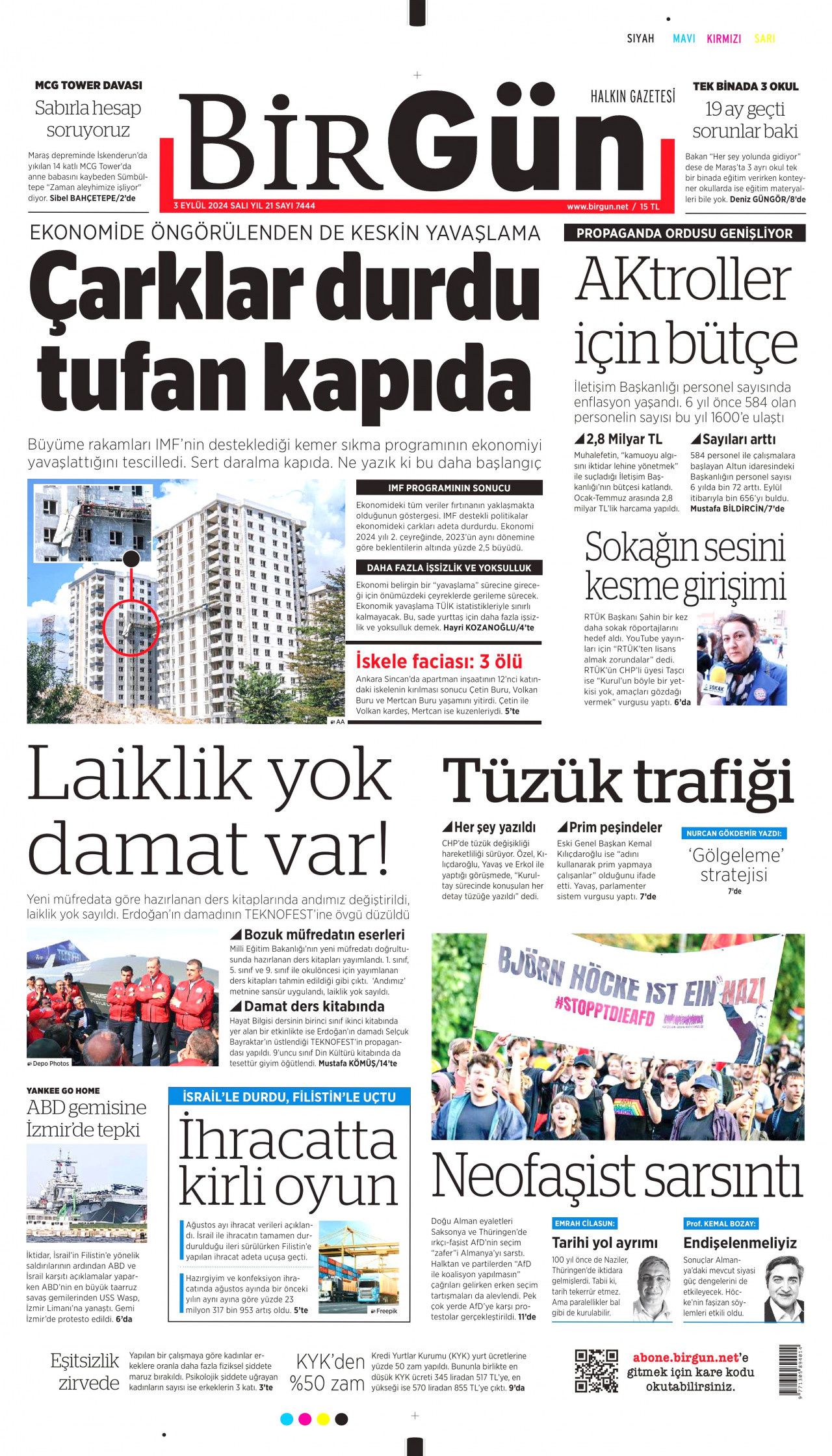 BİRGÜN gazetesinin 3 Eylül 2024 tarihli birinci sayfası