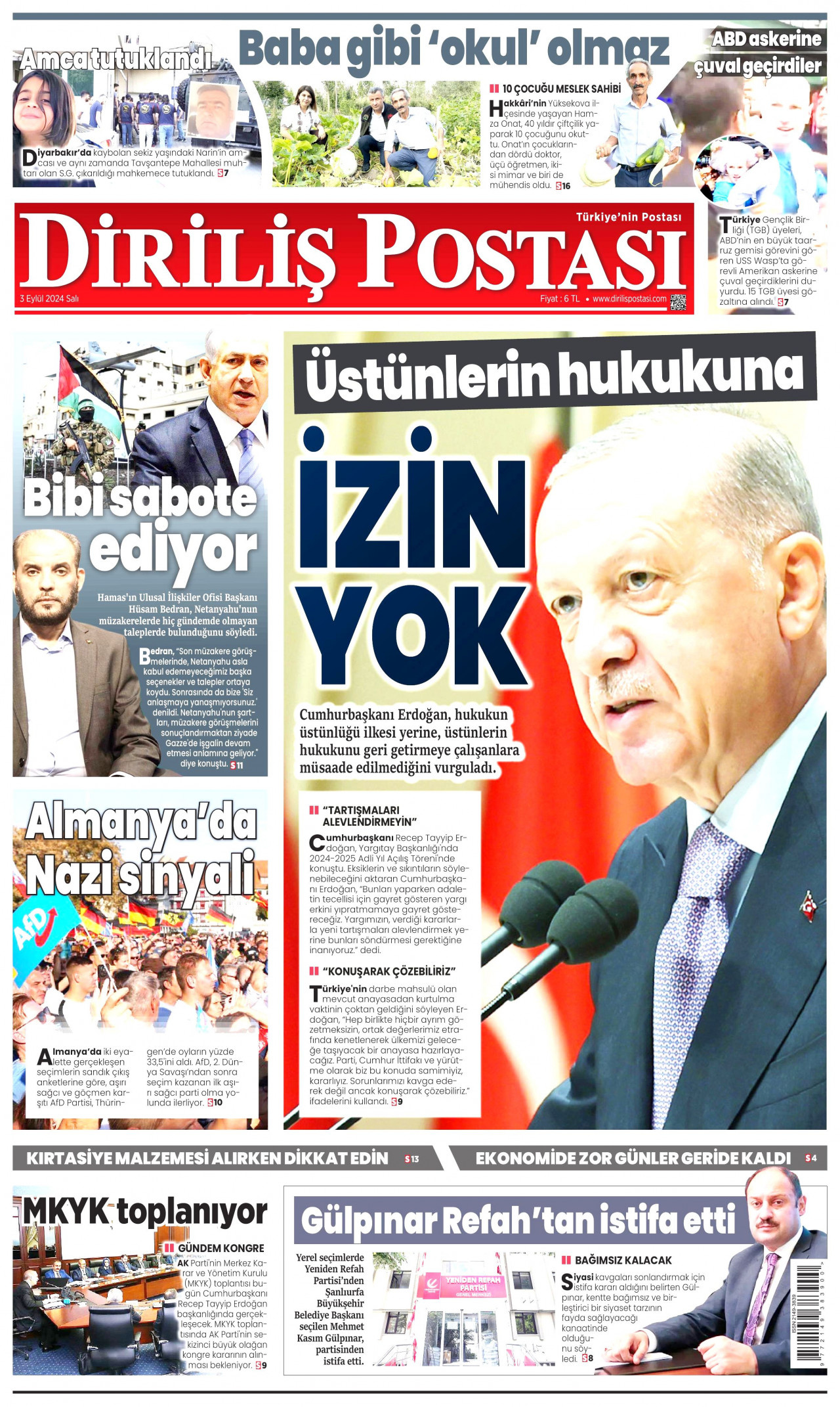 DİRİLİŞ POSTASI gazetesinin 3 Eylül 2024 tarihli birinci sayfası
