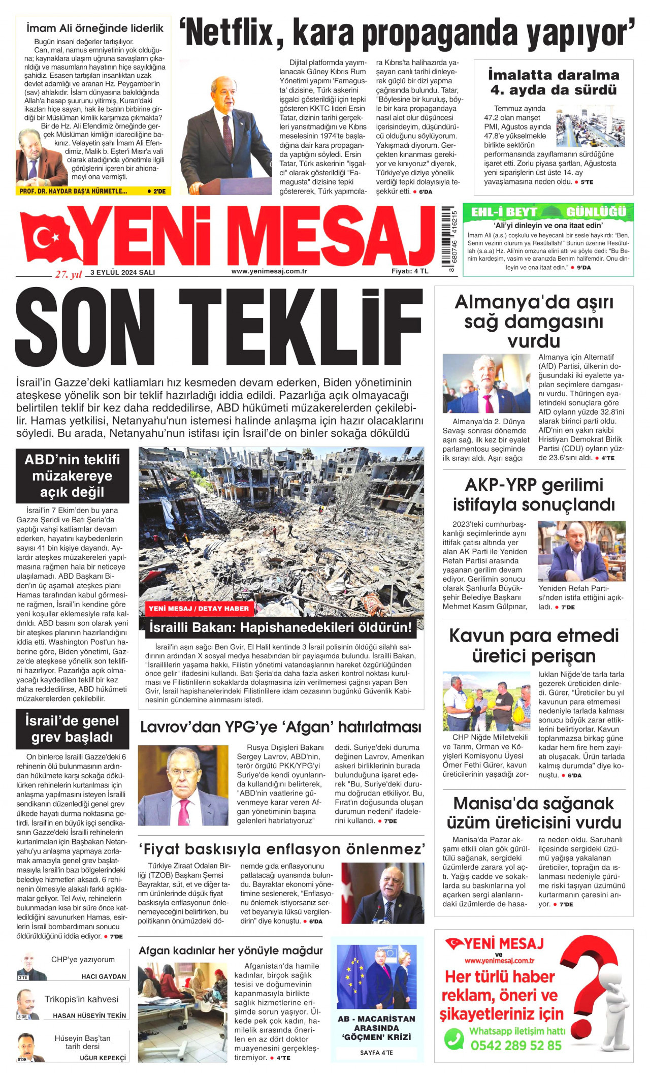 YENİ MESAJ gazetesinin 3 Eylül 2024 tarihli birinci sayfası