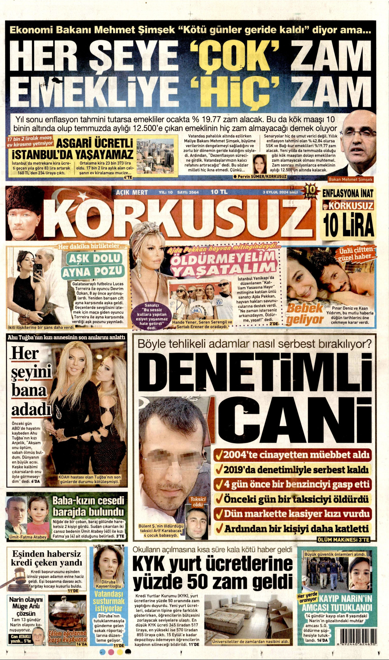 KORKUSUZ gazetesinin 3 Eylül 2024 tarihli birinci sayfası