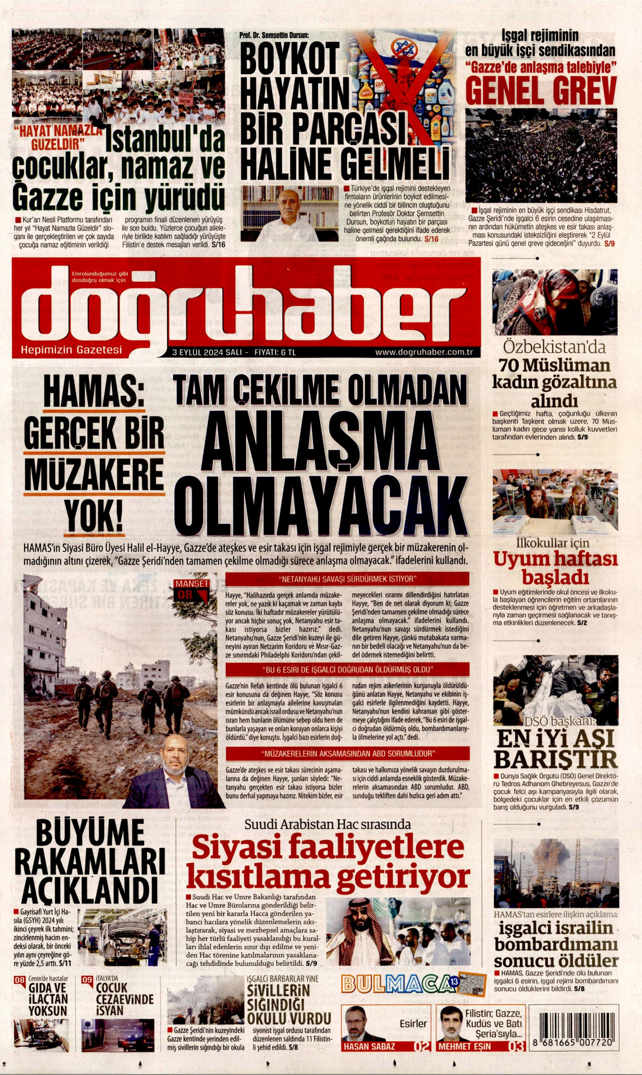 DOĞRU HABER gazetesinin 3 Eylül 2024 tarihli birinci sayfası