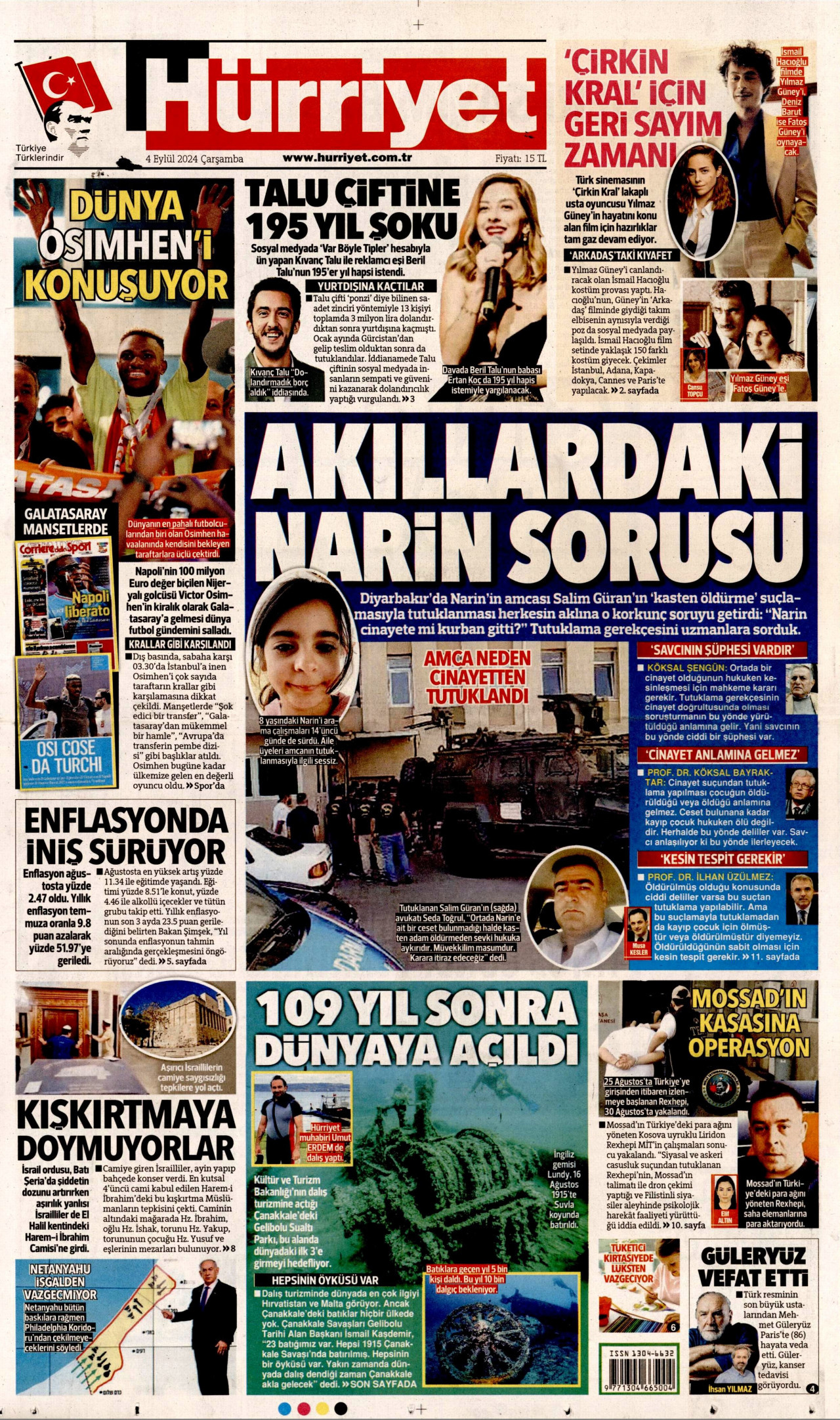 HÜRRİYET gazetesinin 4 Eylül 2024 tarihli birinci sayfası