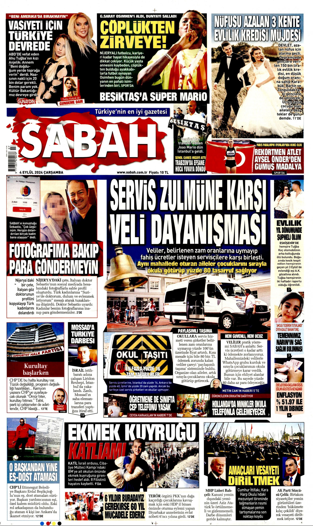 SABAH gazetesinin 4 Eylül 2024 tarihli birinci sayfası