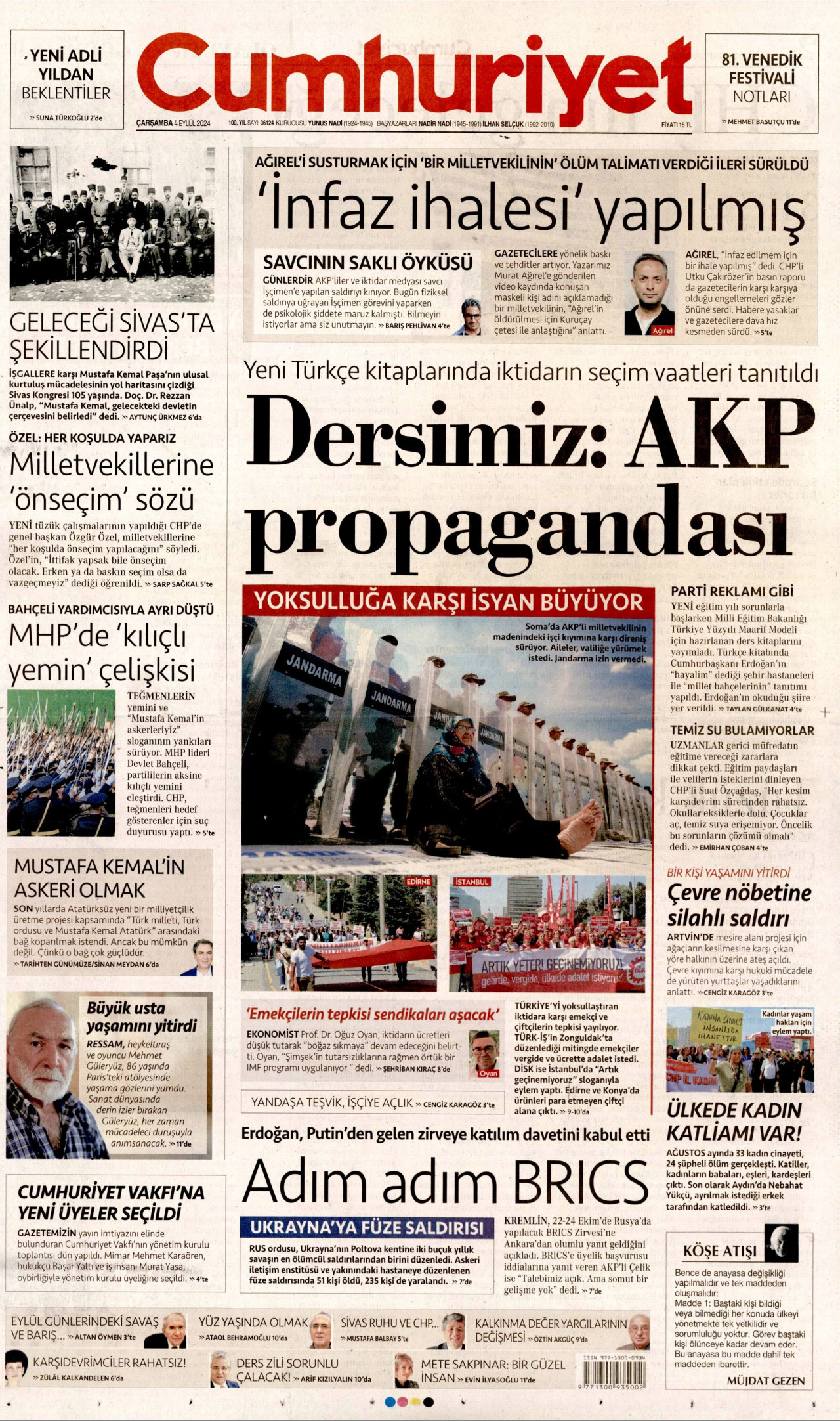 CUMHURİYET gazetesinin 4 Eylül 2024 tarihli birinci sayfası
