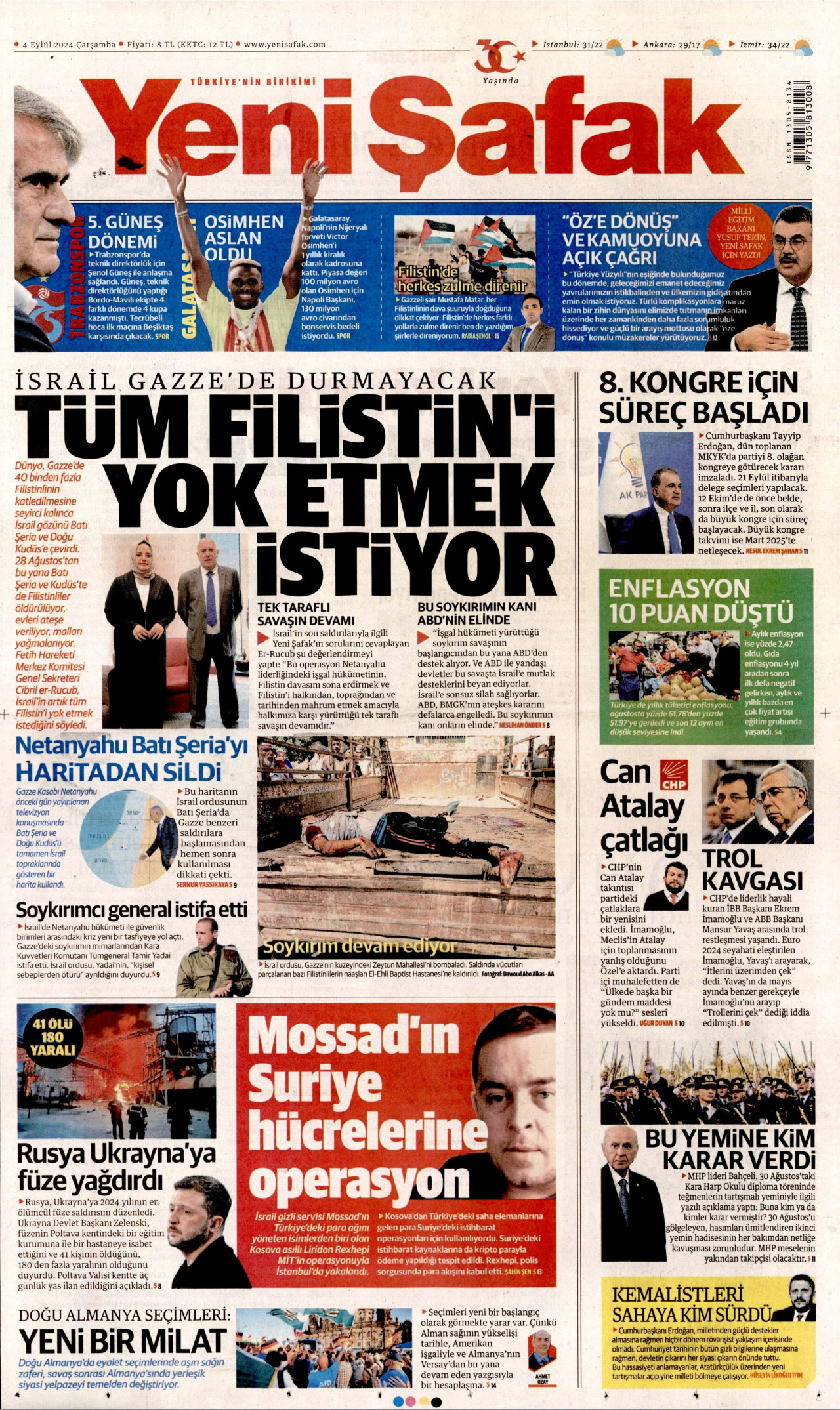 YENİ ŞAFAK gazetesinin 4 Eylül 2024 tarihli birinci sayfası