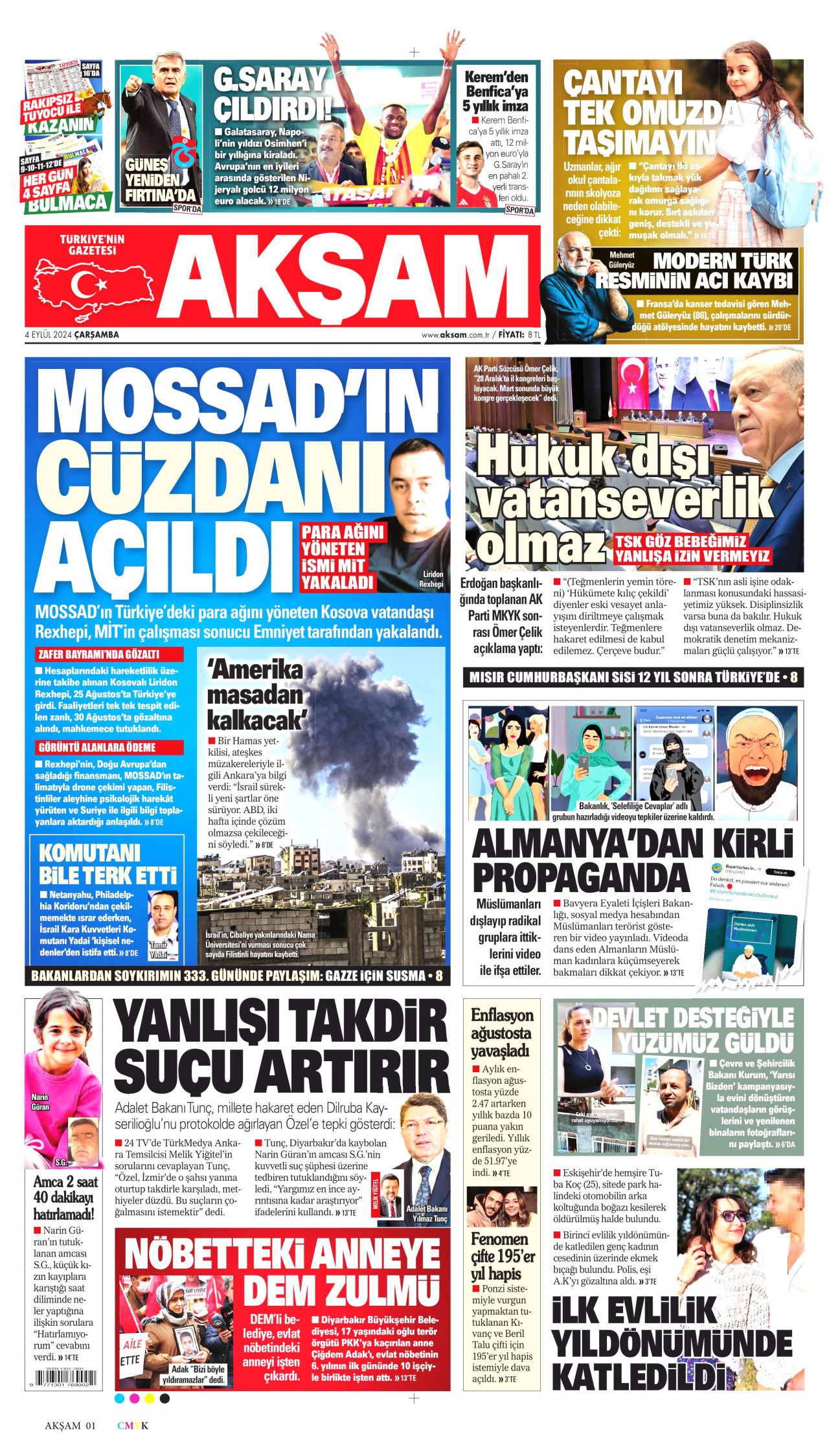 AKŞAM gazetesinin 4 Eylül 2024 tarihli birinci sayfası