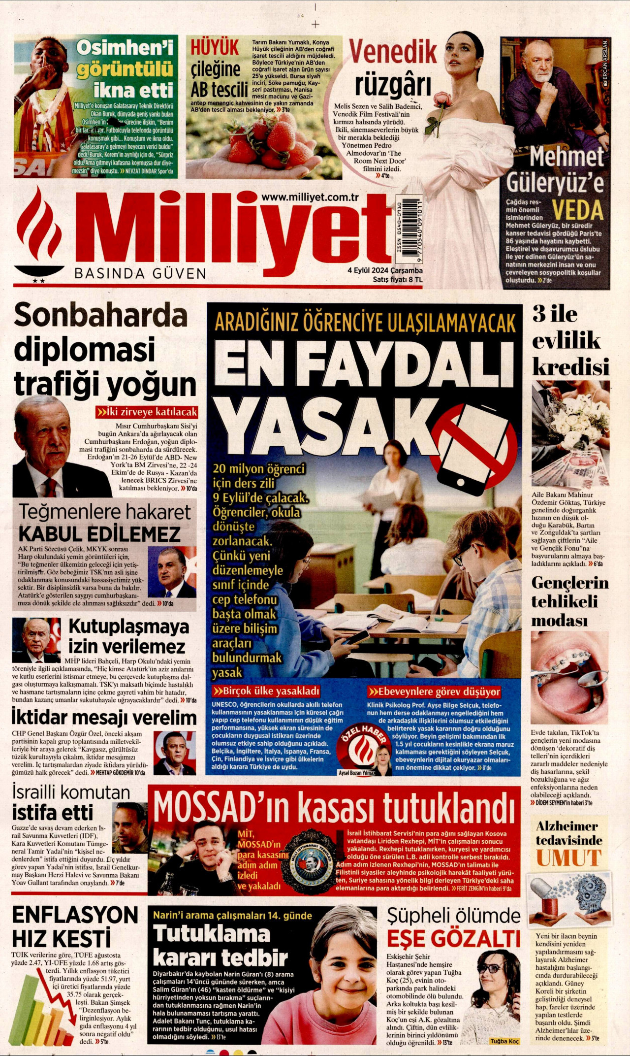 MİLLİYET gazetesinin 4 Eylül 2024 tarihli birinci sayfası