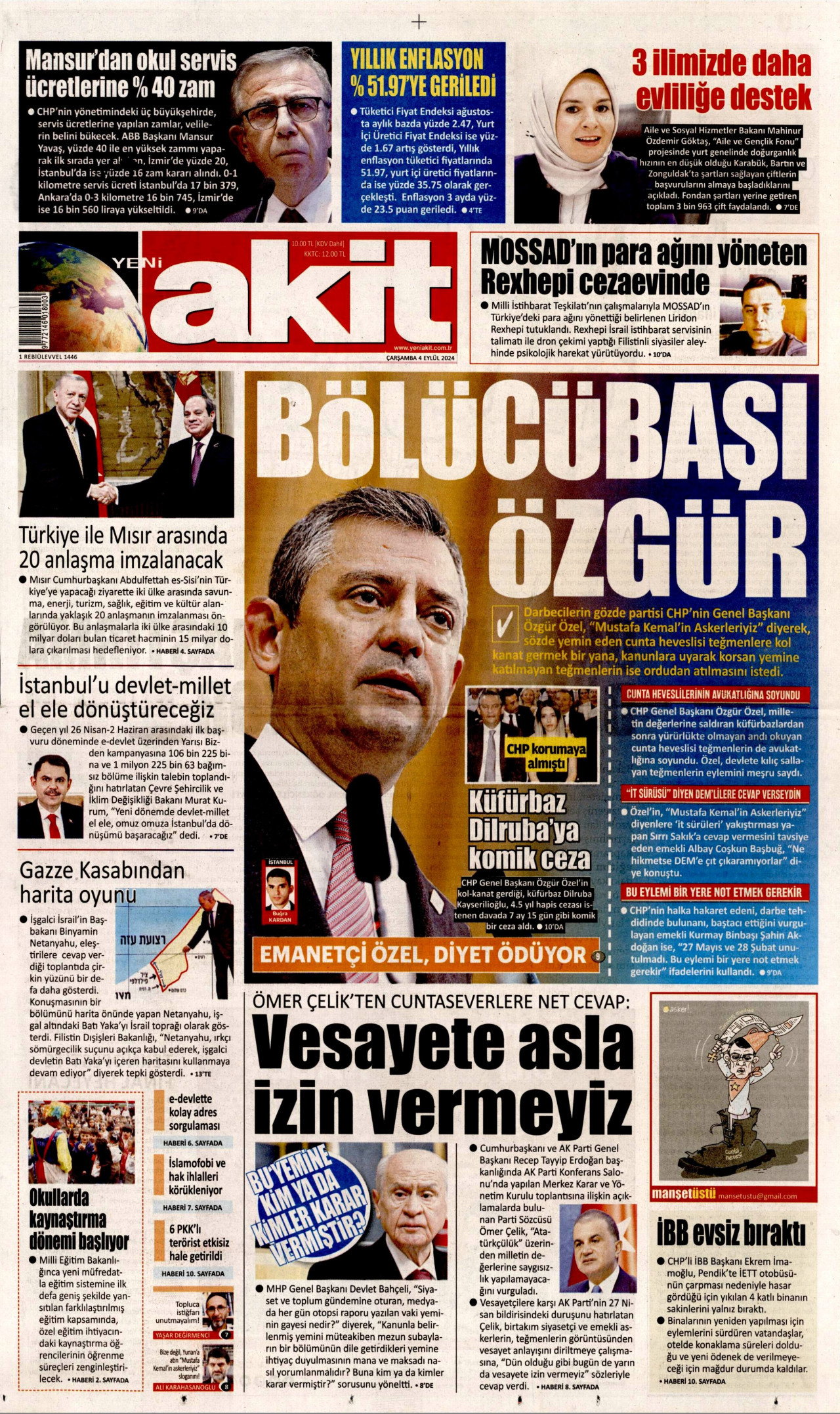 YENİ AKİT gazetesinin 4 Eylül 2024 tarihli birinci sayfası