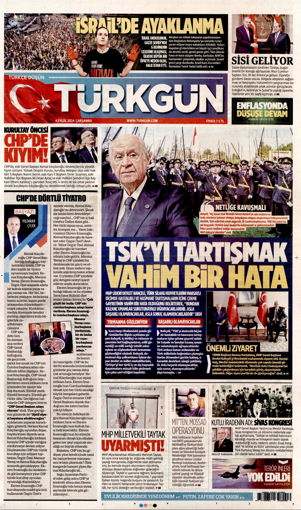 TÜRKGÜN gazetesinin 4 Eylül 2024 tarihli birinci sayfası