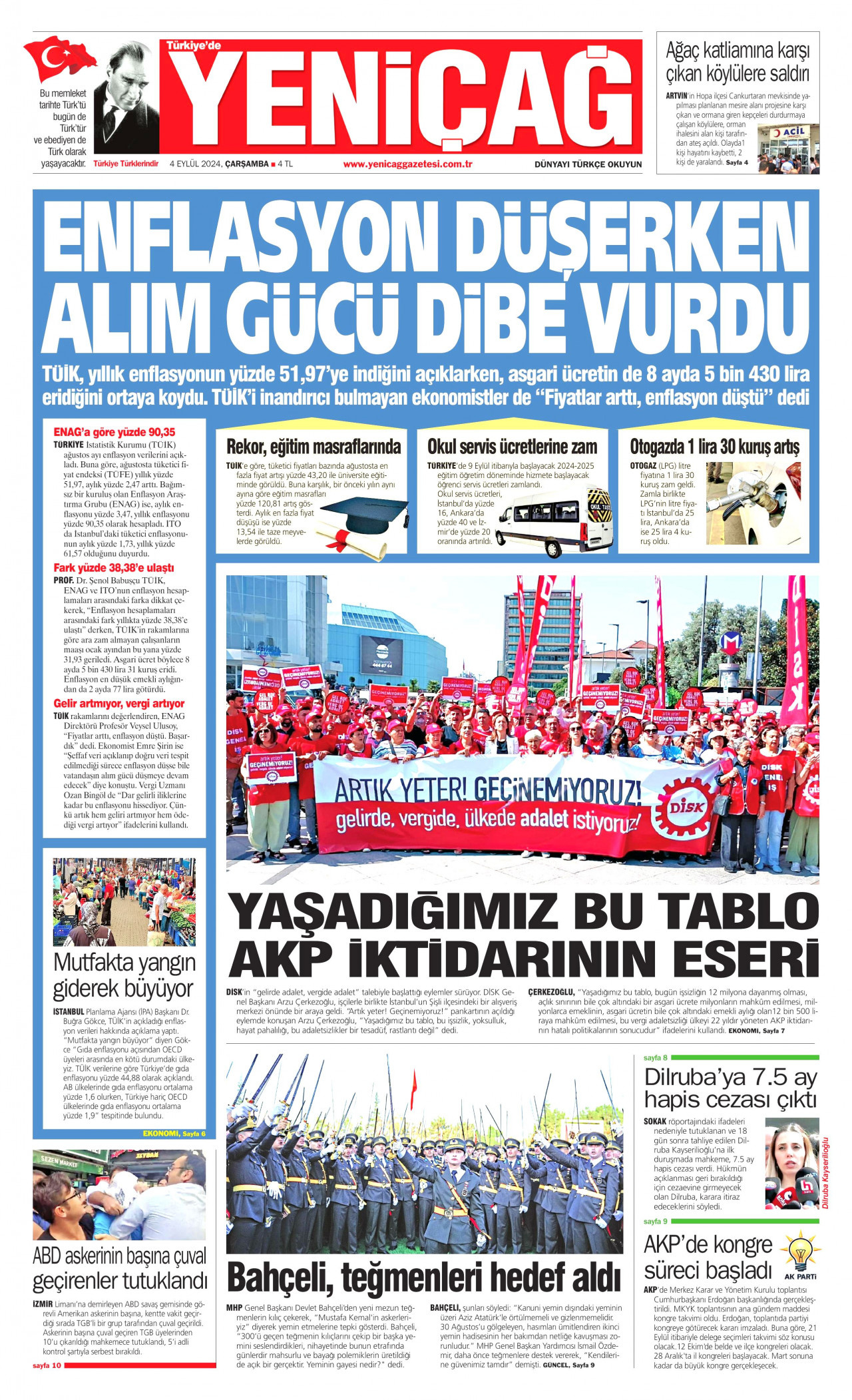 YENİÇAĞ gazetesinin 4 Eylül 2024 tarihli birinci sayfası