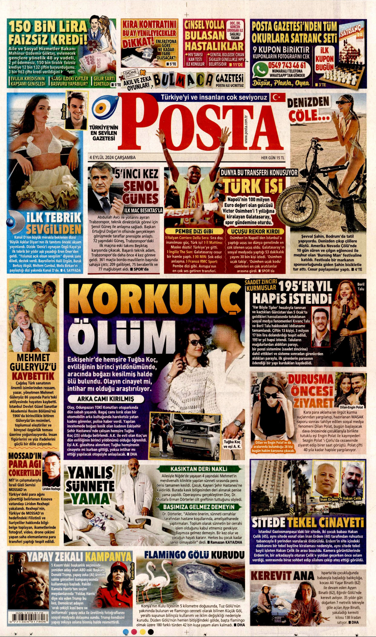 POSTA gazetesinin 4 Eylül 2024 tarihli birinci sayfası