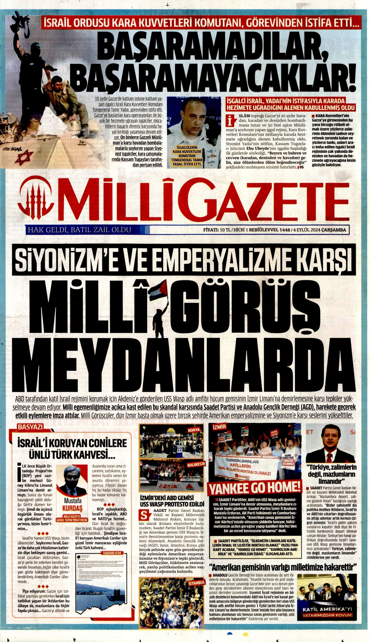 MİLLİ GAZETE gazetesinin 4 Eylül 2024 tarihli birinci sayfası
