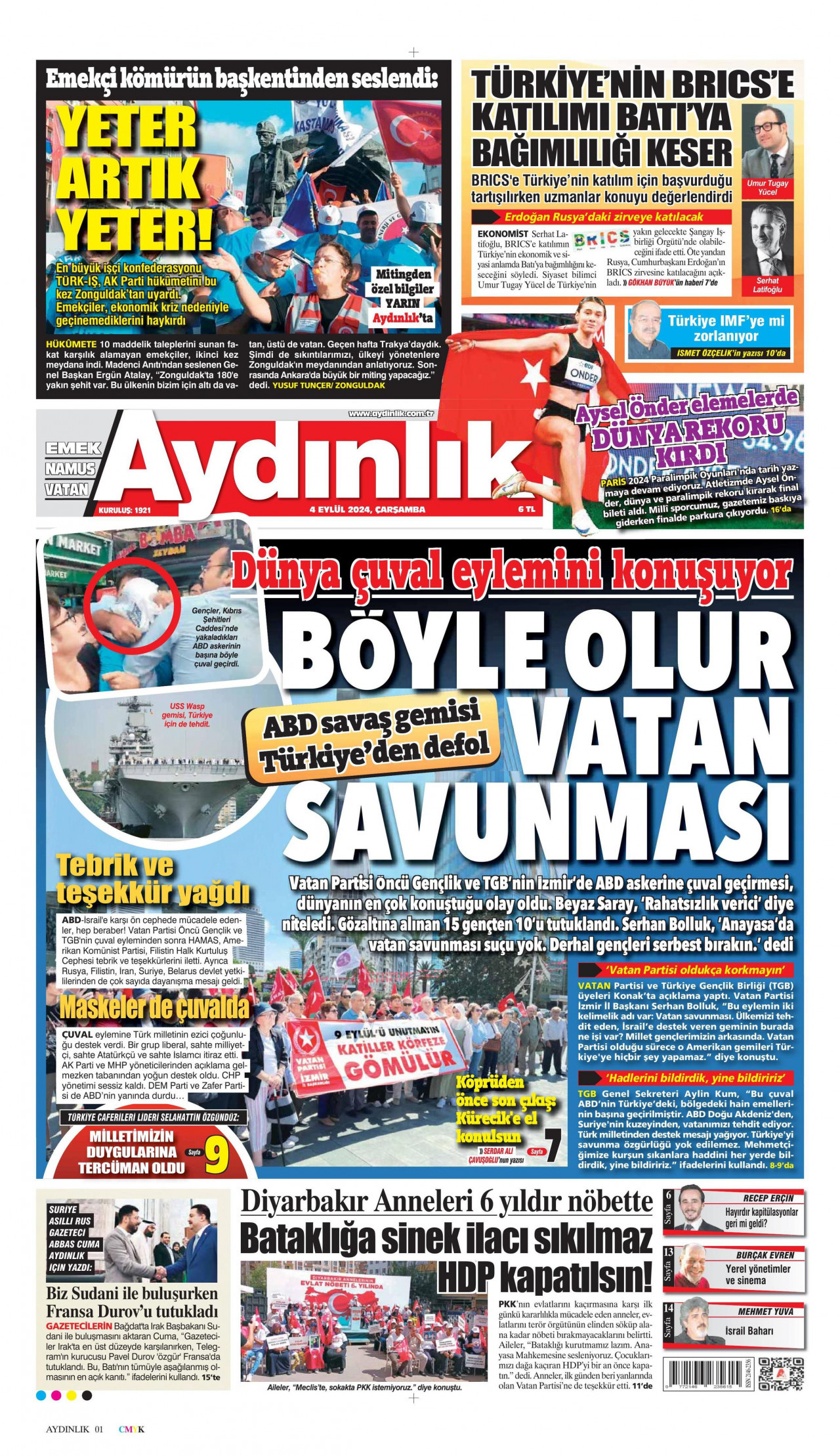 AYDINLIK GAZETESİ gazetesinin 4 Eylül 2024 tarihli birinci sayfası