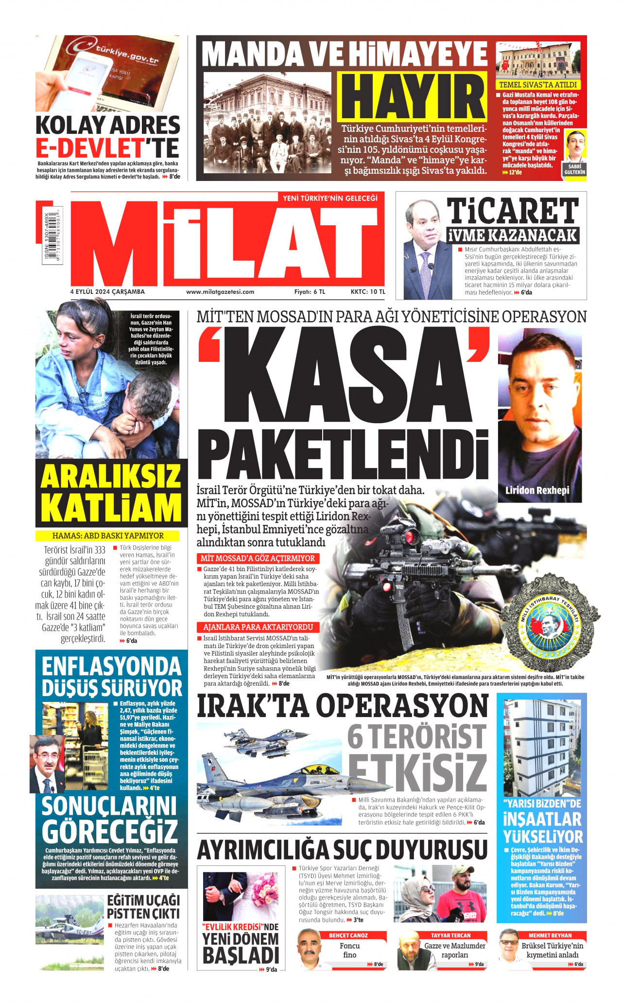 MİLAT gazetesinin 4 Eylül 2024 tarihli birinci sayfası