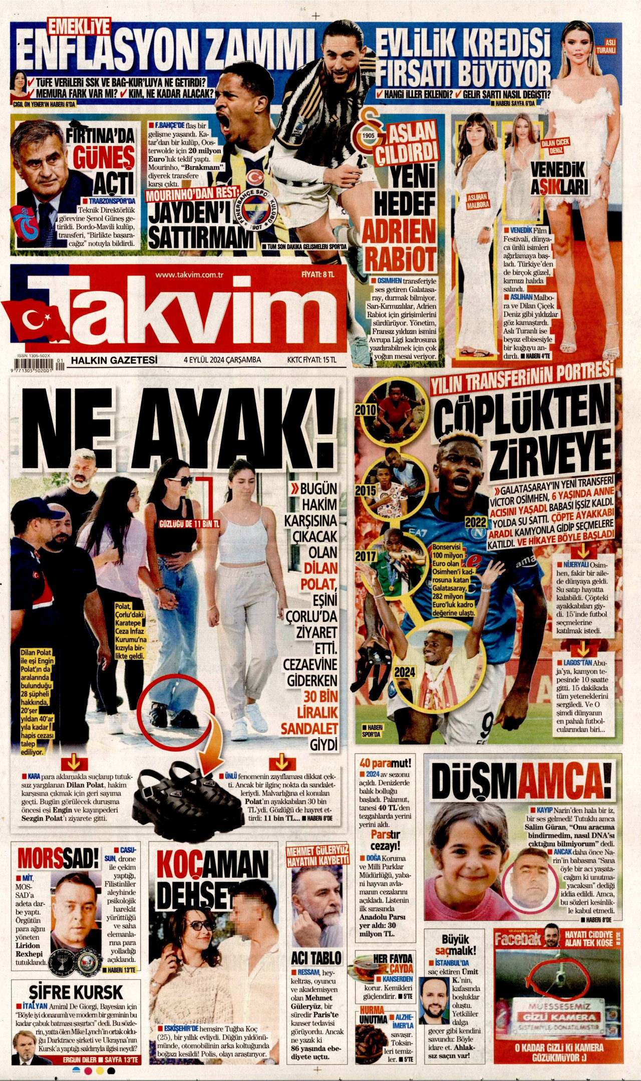 TAKVİM gazetesinin 4 Eylül 2024 tarihli birinci sayfası
