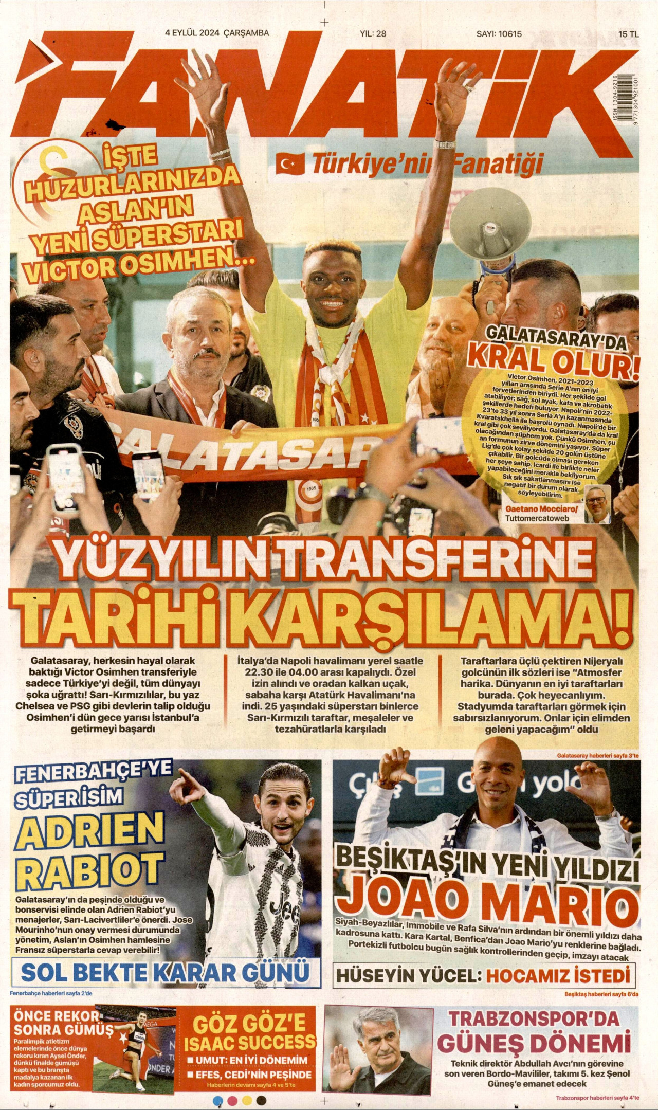 FANATİK gazetesinin 4 Eylül 2024 tarihli birinci sayfası