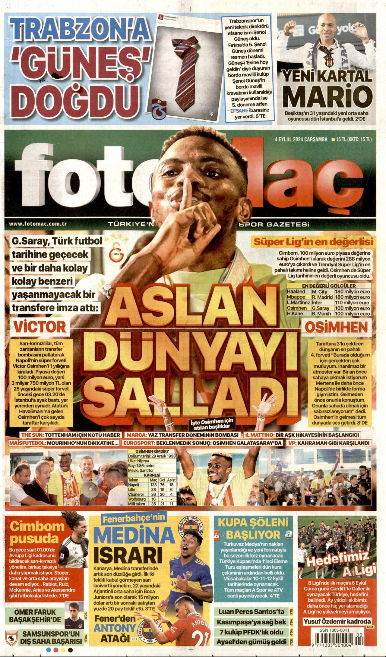 FOTOMAÇ gazetesinin 4 Eylül 2024 tarihli birinci sayfası