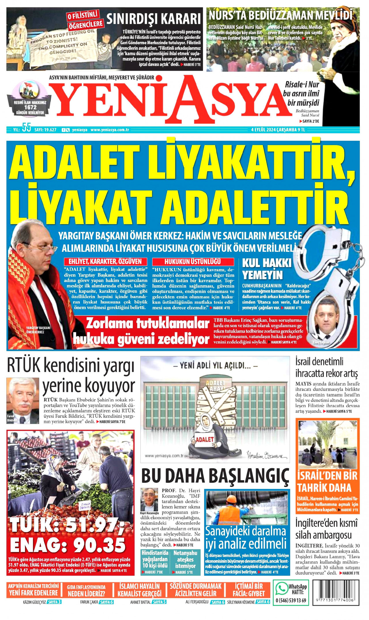 YENİ ASYA gazetesinin 4 Eylül 2024 tarihli birinci sayfası