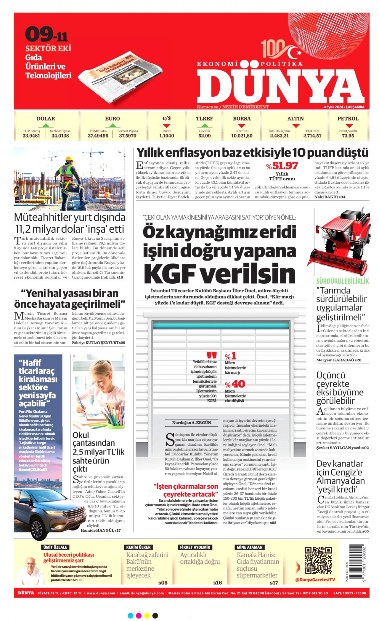 DÜNYA gazetesinin 4 Eylül 2024 tarihli birinci sayfası