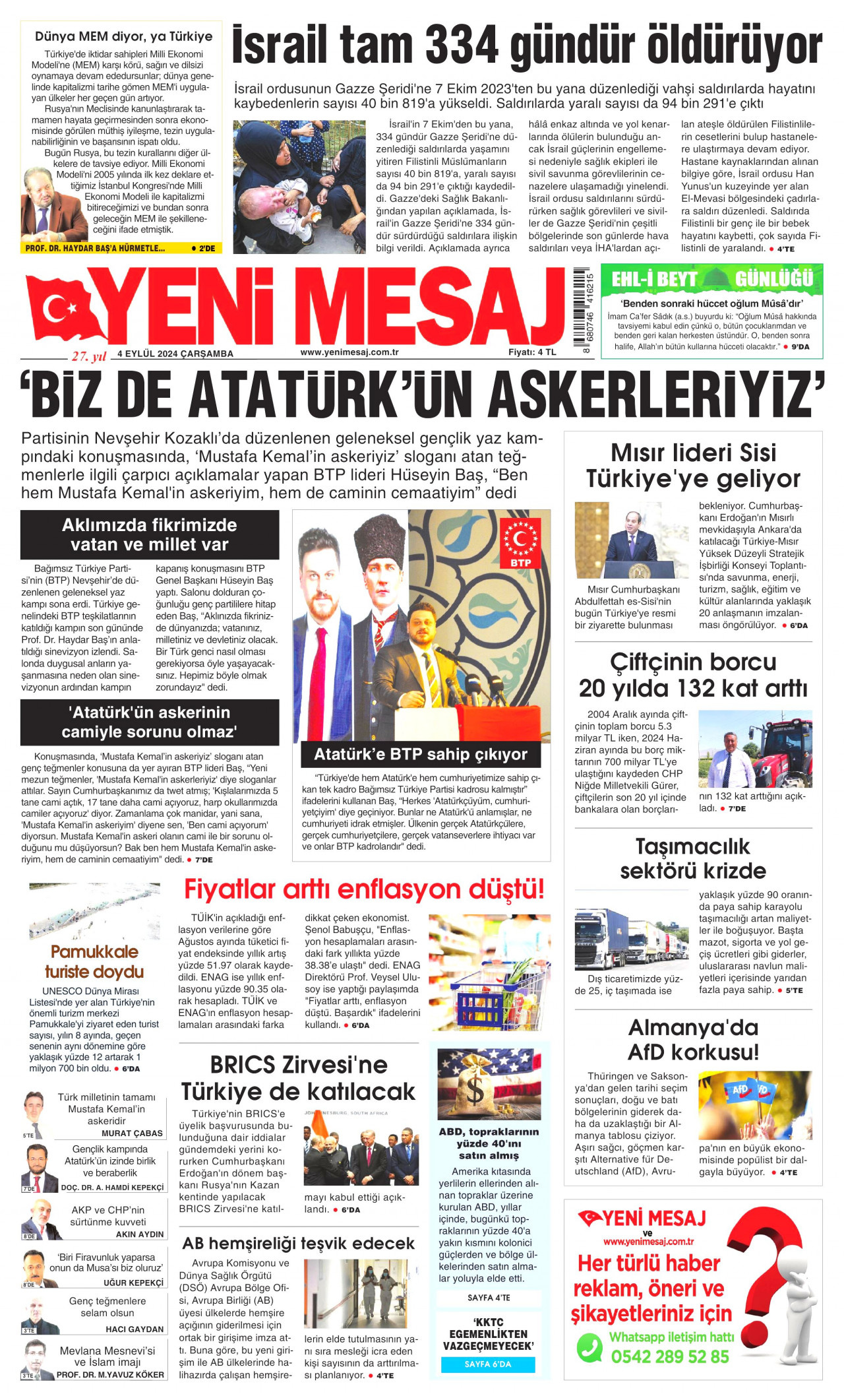 YENİ MESAJ gazetesinin 4 Eylül 2024 tarihli birinci sayfası