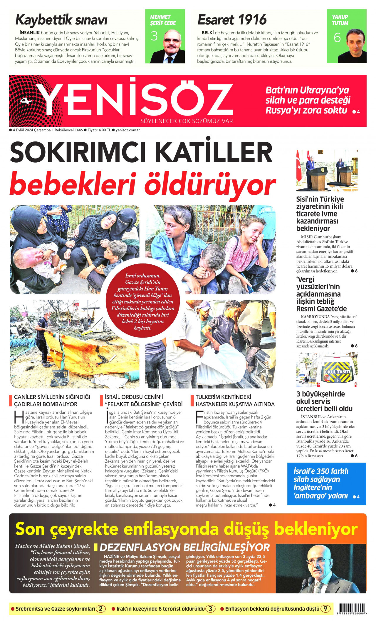 YENİ SÖZ GAZETESİ gazetesinin 4 Eylül 2024 tarihli birinci sayfası