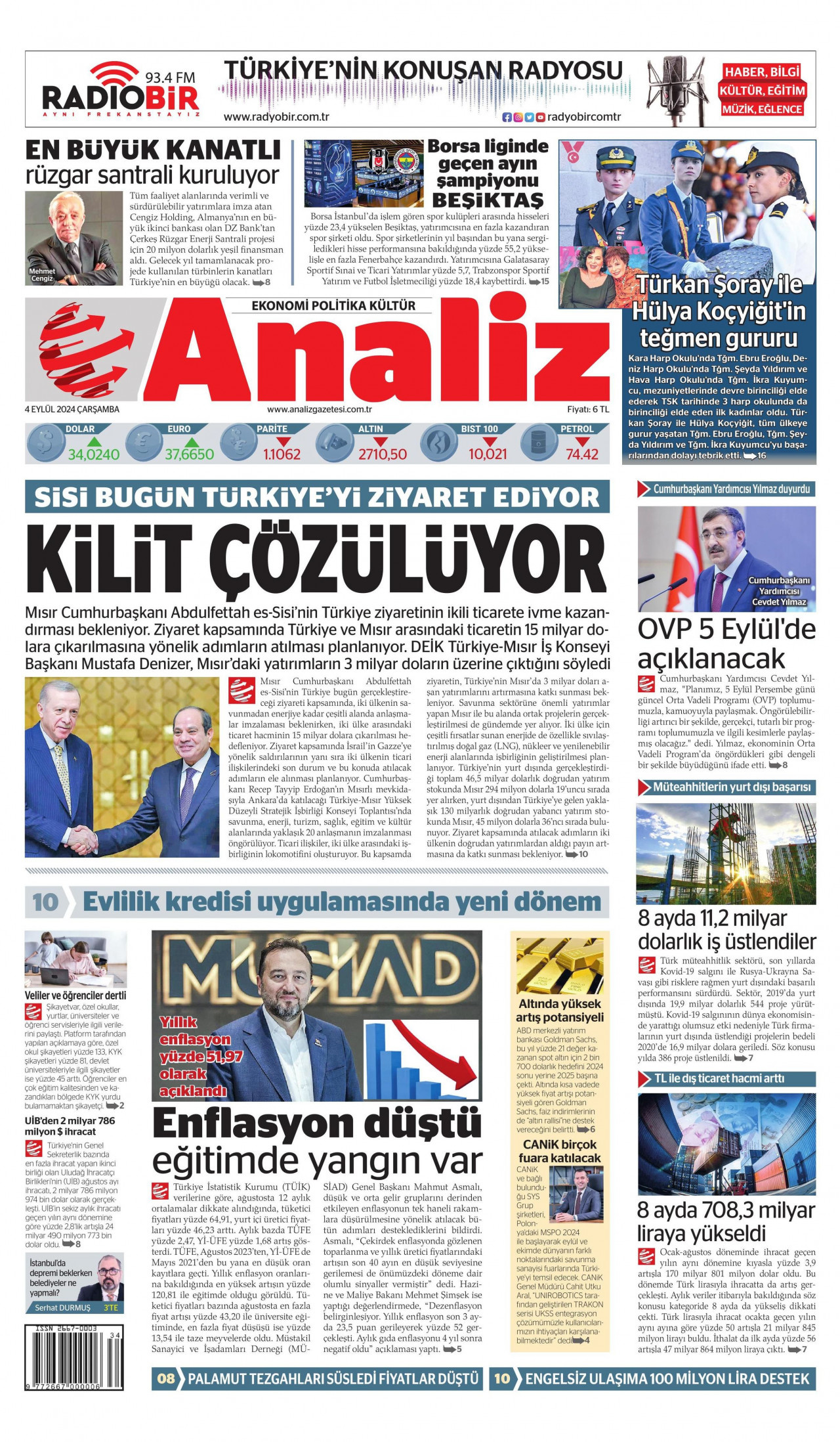 ANALİZ gazetesinin 4 Eylül 2024 tarihli birinci sayfası