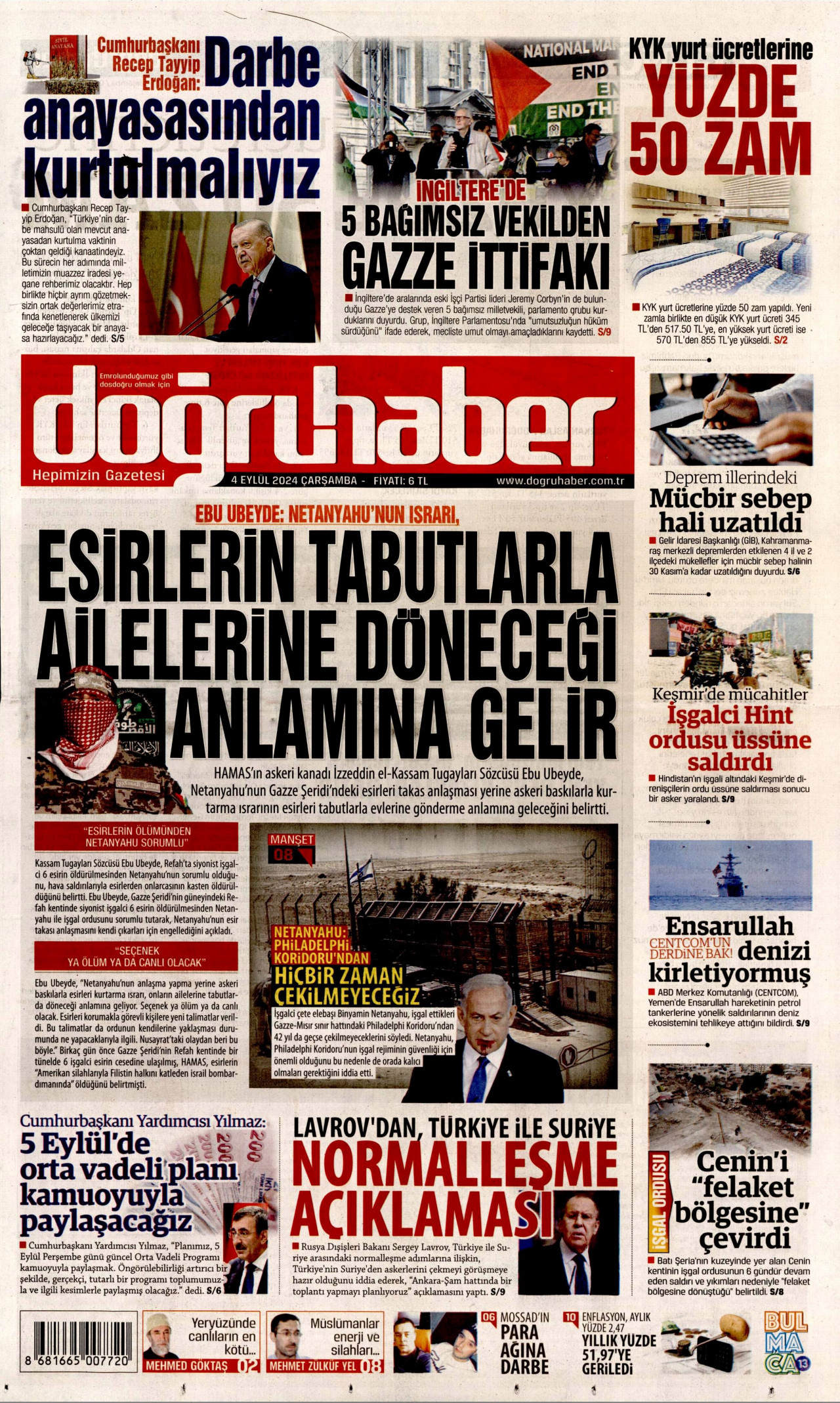 DOĞRU HABER gazetesinin 4 Eylül 2024 tarihli birinci sayfası