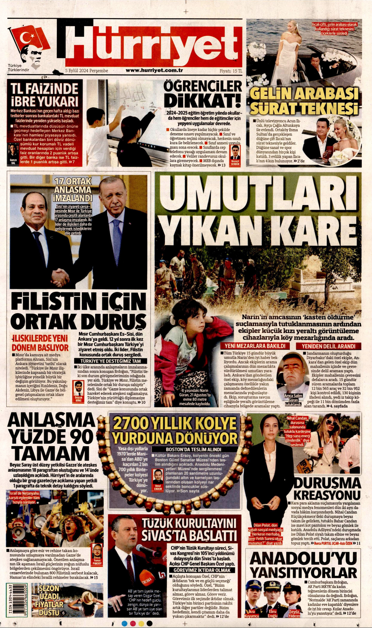 HÜRRİYET gazetesinin 5 Eylül 2024 tarihli birinci sayfası