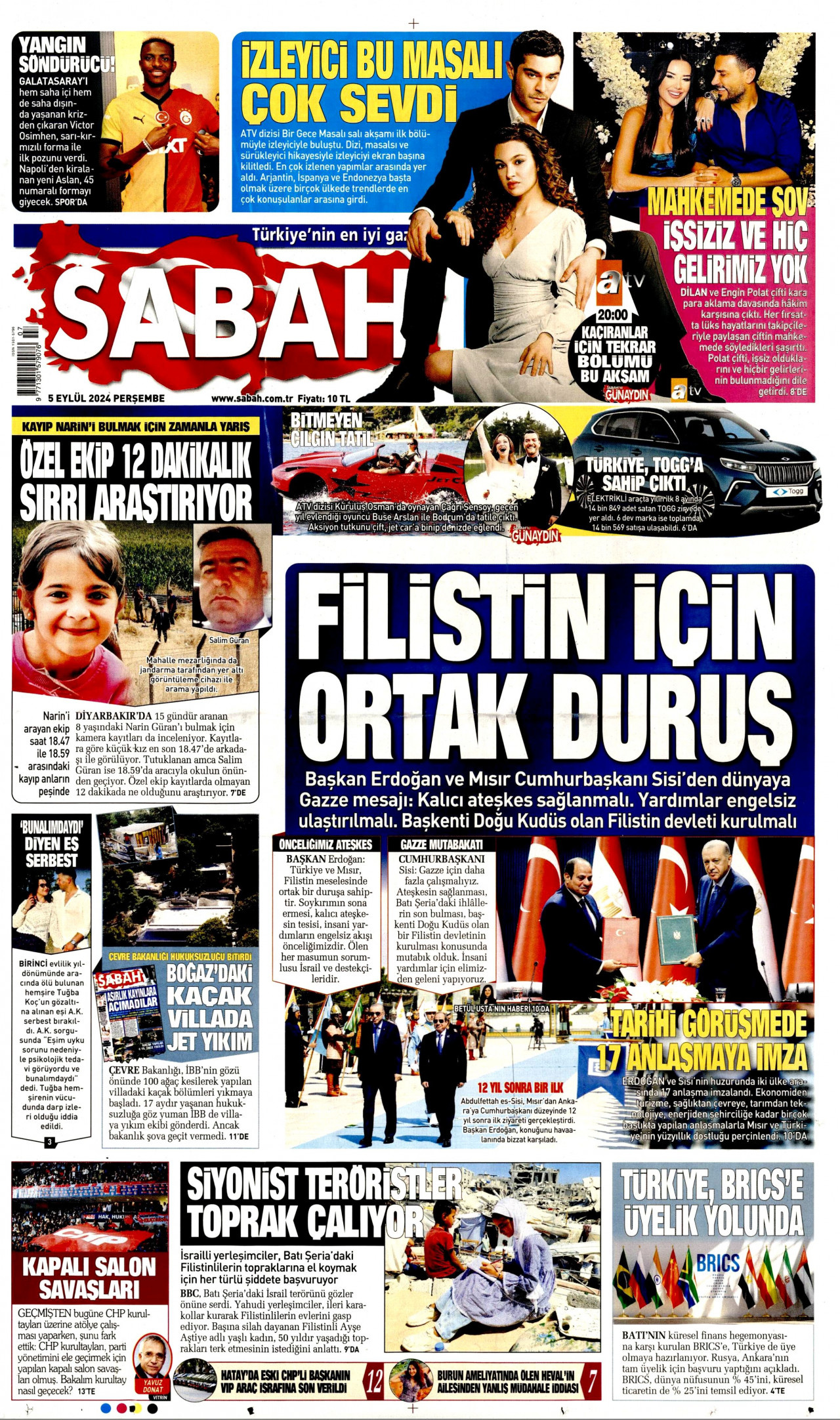 SABAH gazetesinin 5 Eylül 2024 tarihli birinci sayfası