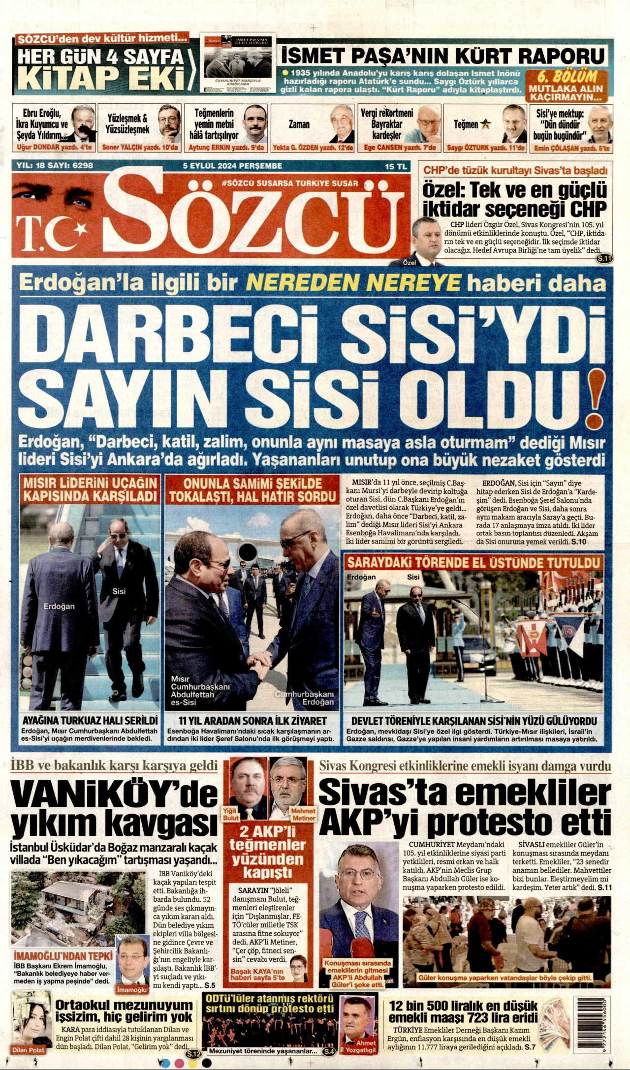 SÖZCÜ gazetesinin 5 Eylül 2024 tarihli birinci sayfası