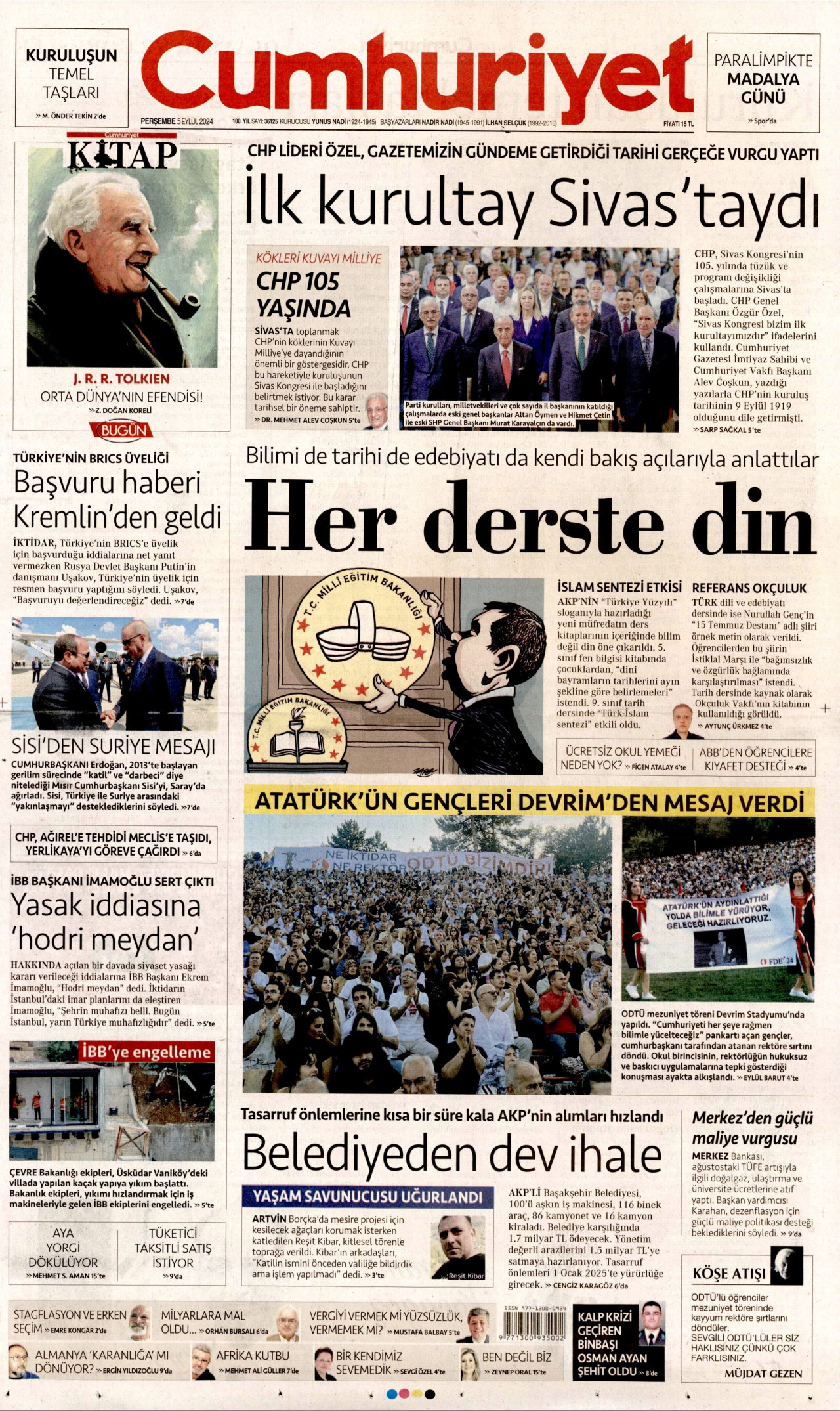 CUMHURİYET gazetesinin 5 Eylül 2024 tarihli birinci sayfası