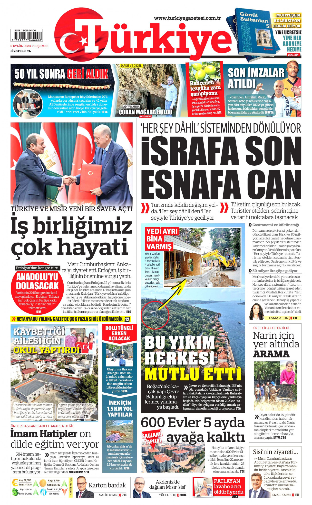 TÜRKİYE GAZETESİ gazetesinin 5 Eylül 2024 tarihli birinci sayfası