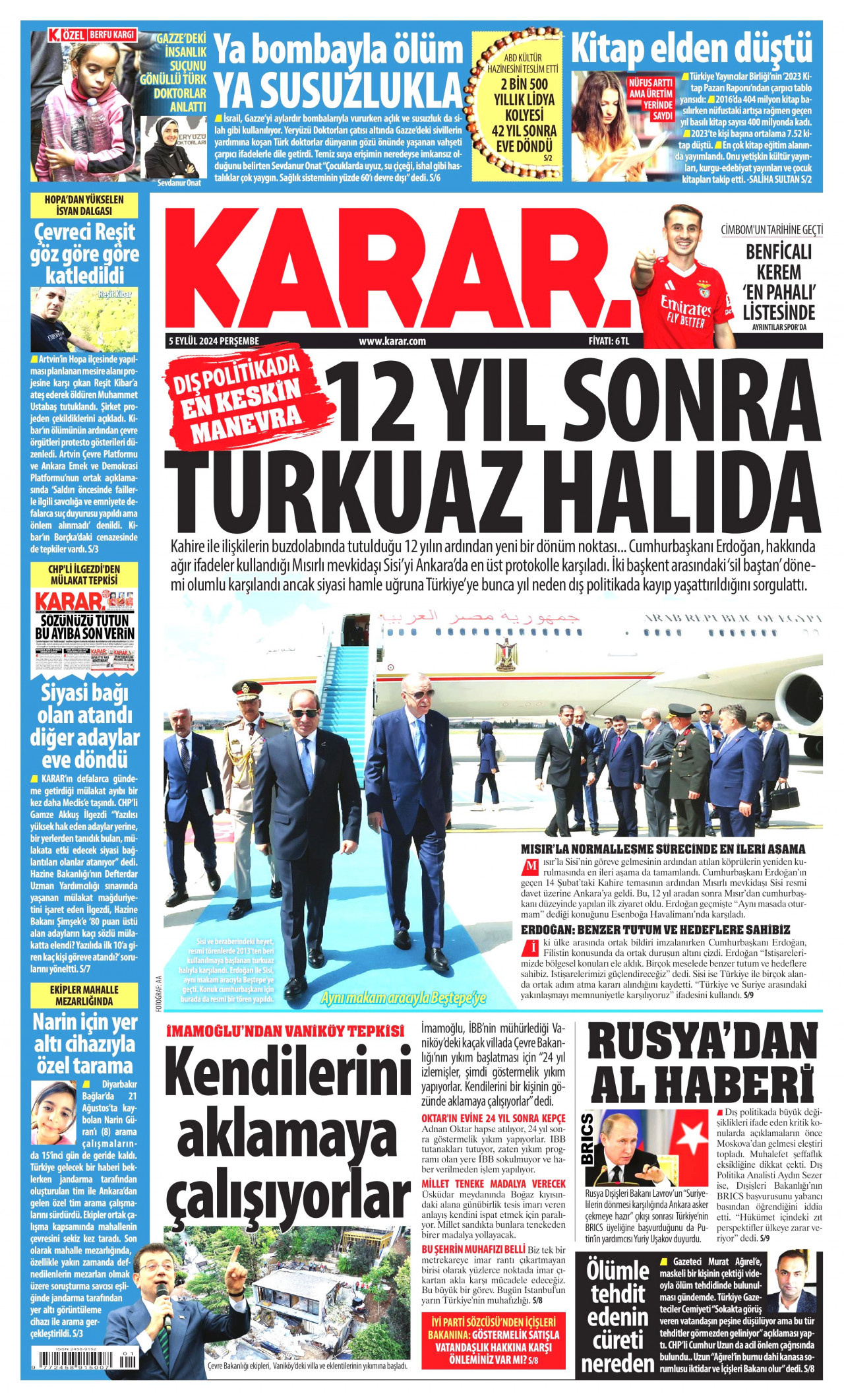 KARAR gazetesinin 5 Eylül 2024 tarihli birinci sayfası
